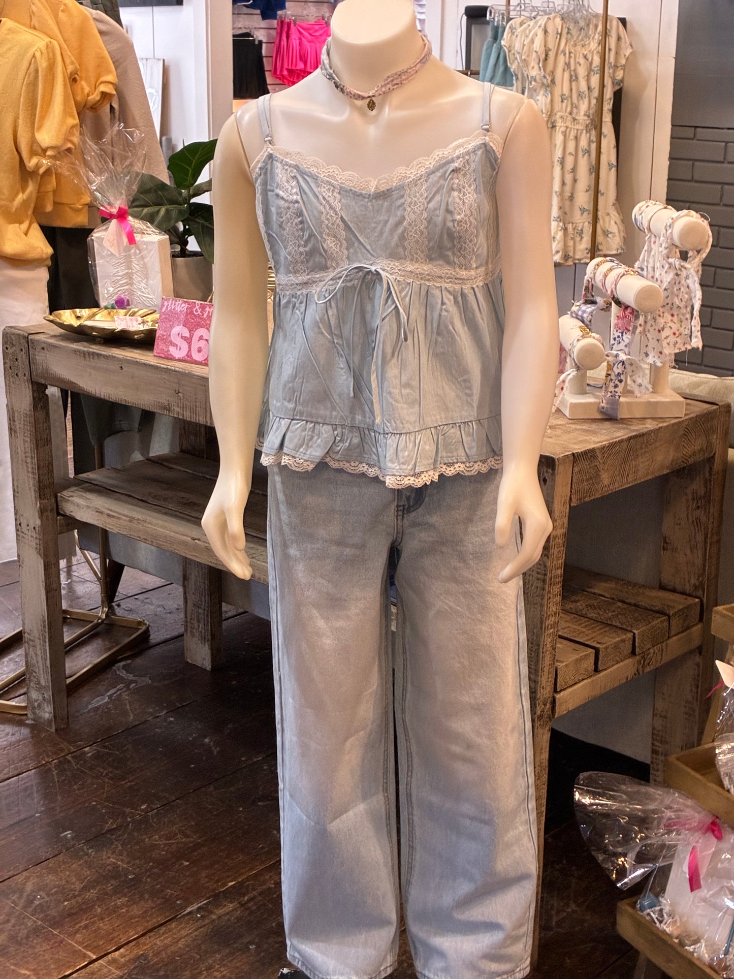 Baby Blue Tank Top with Lace Detail