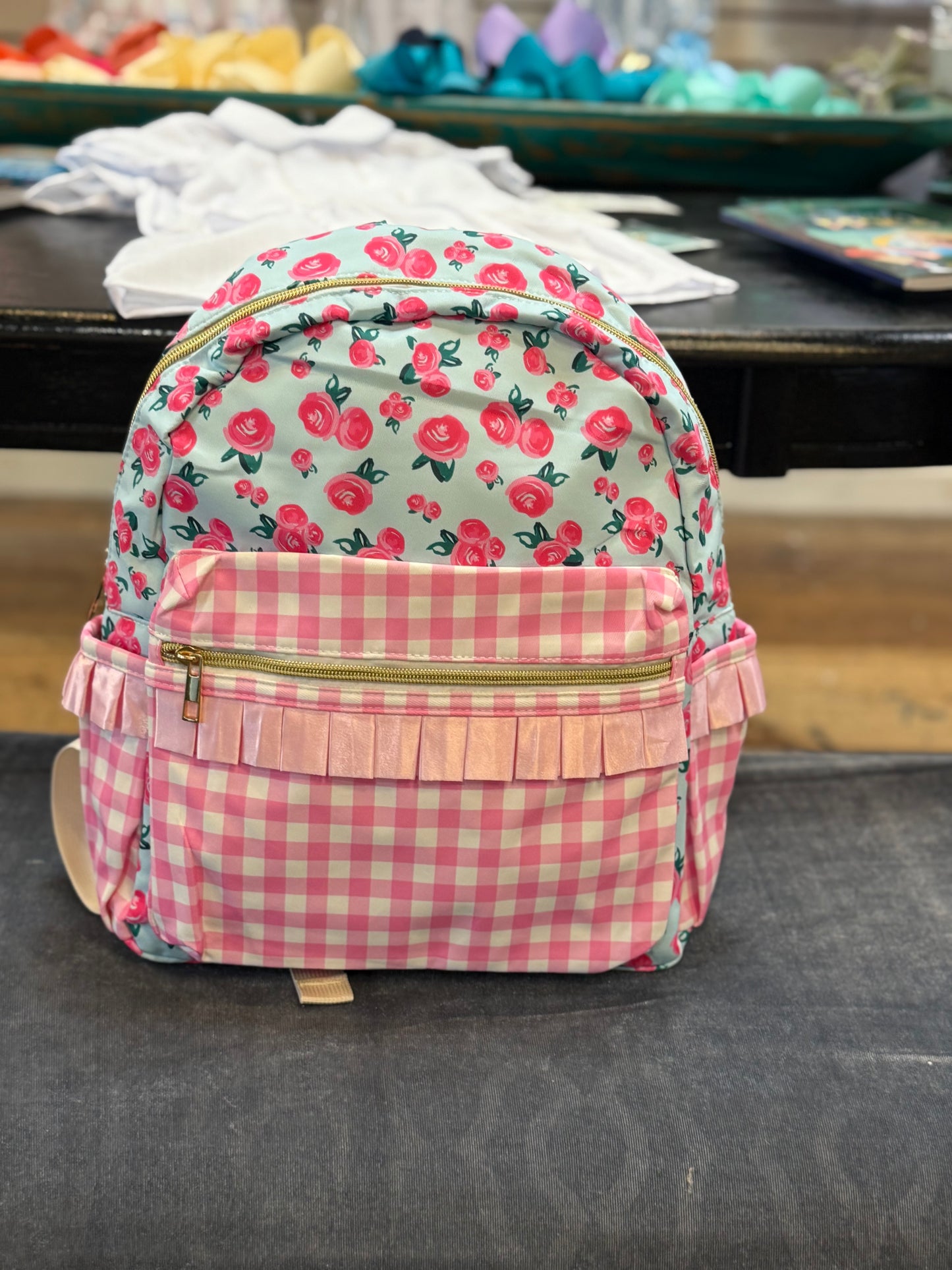 Pink Plaid Ruffle Floral Girls Backpack