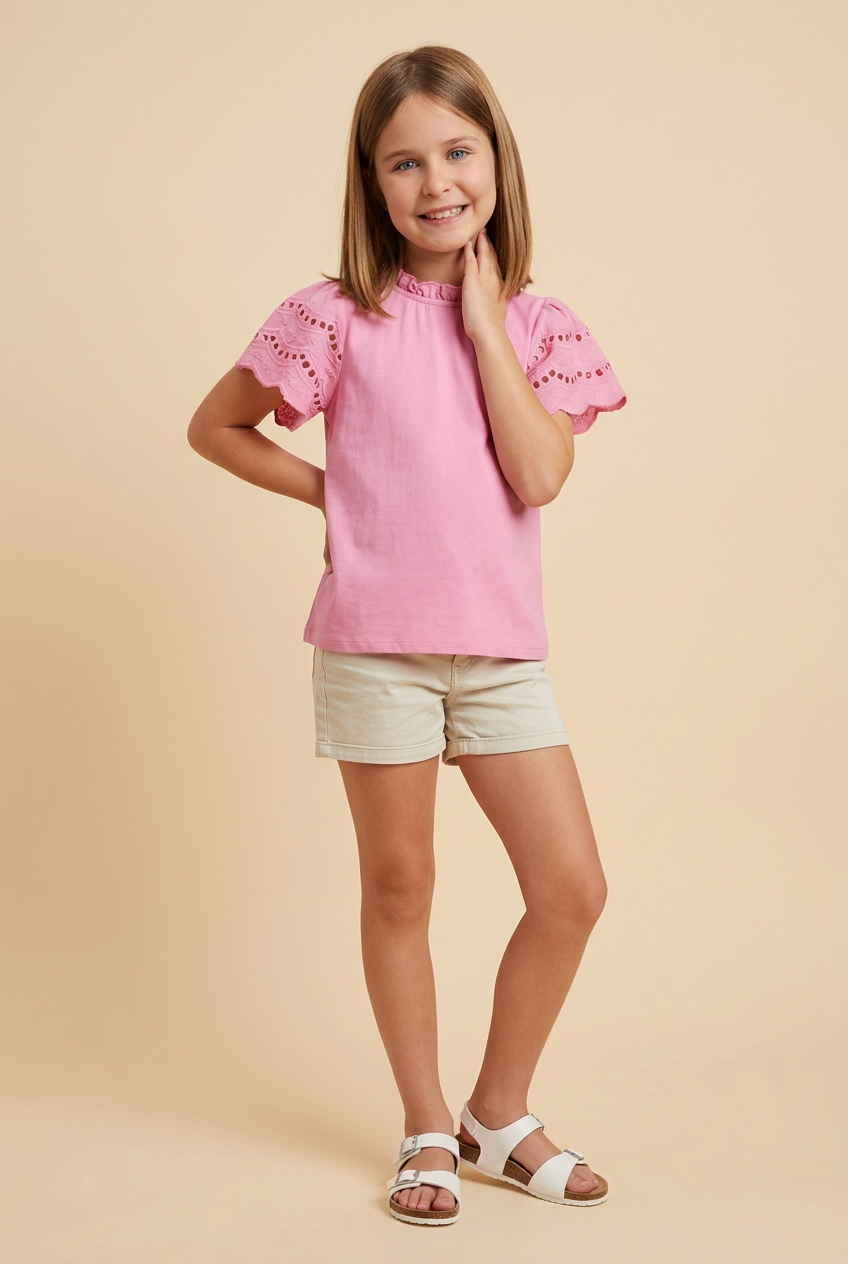 Girls Scalloped Eyelet Lace Sleeved Knit T Shirt in Pink