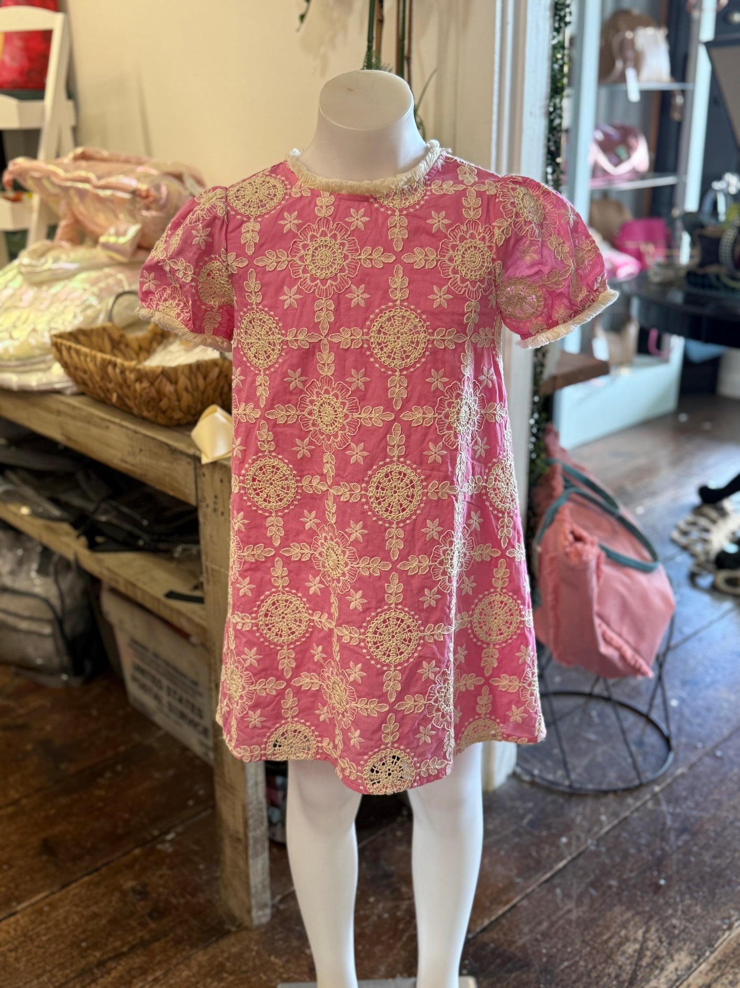 Floral Embroidered Short Sleeve Dress in Pink