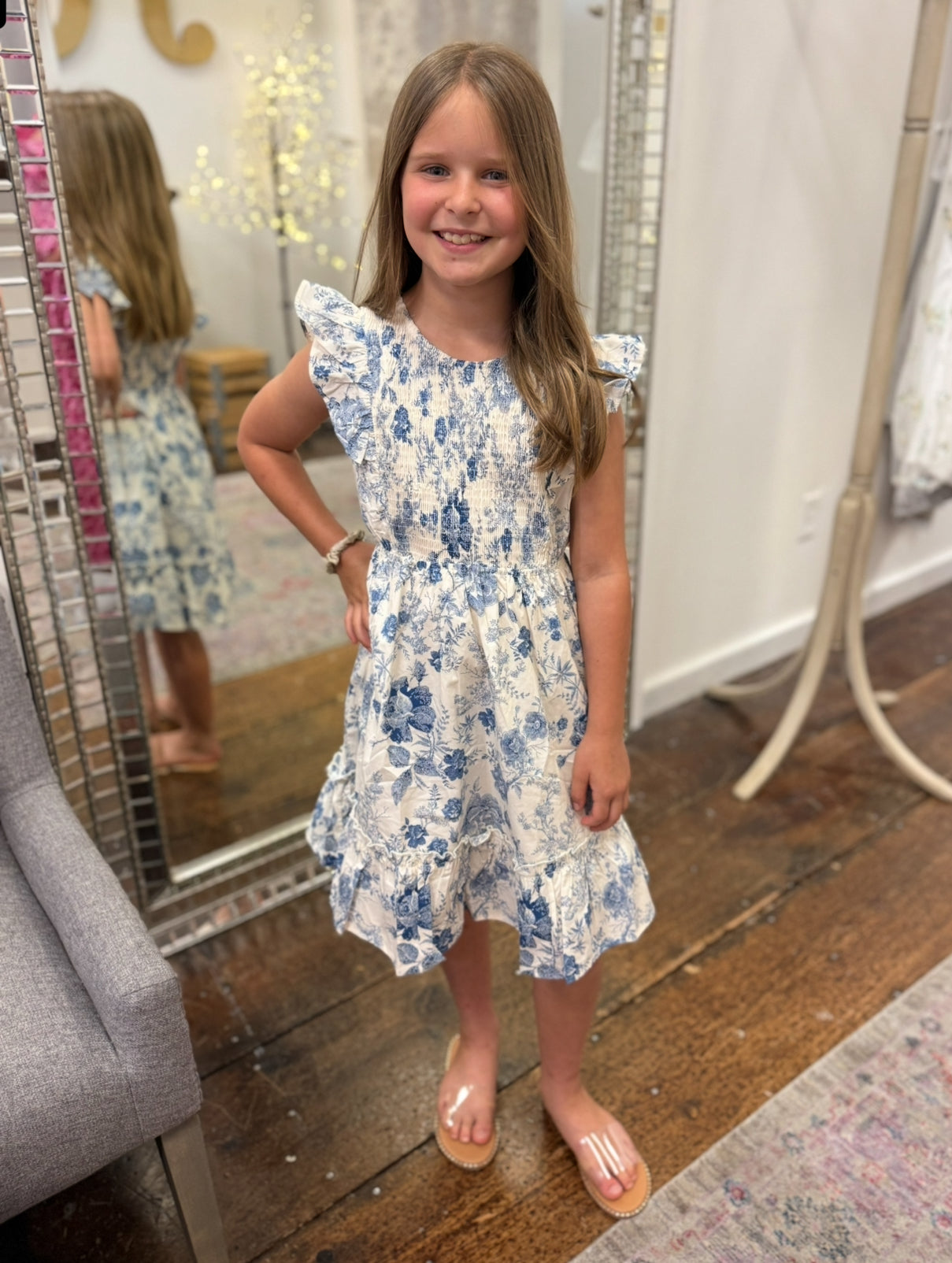 Girls Antique Floral Smock And Ruffle Dress in Blue
