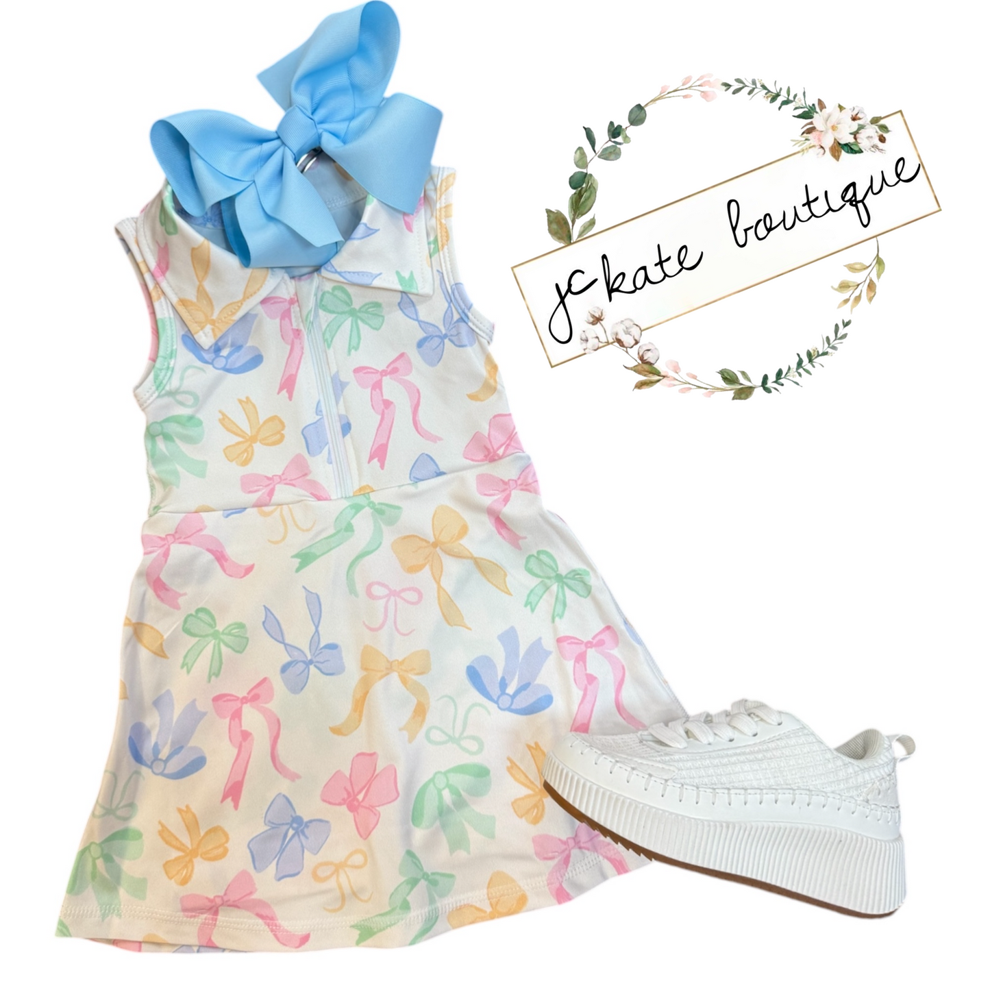 Sleeveless Colorful Bow Zip Girls Athletic Dress