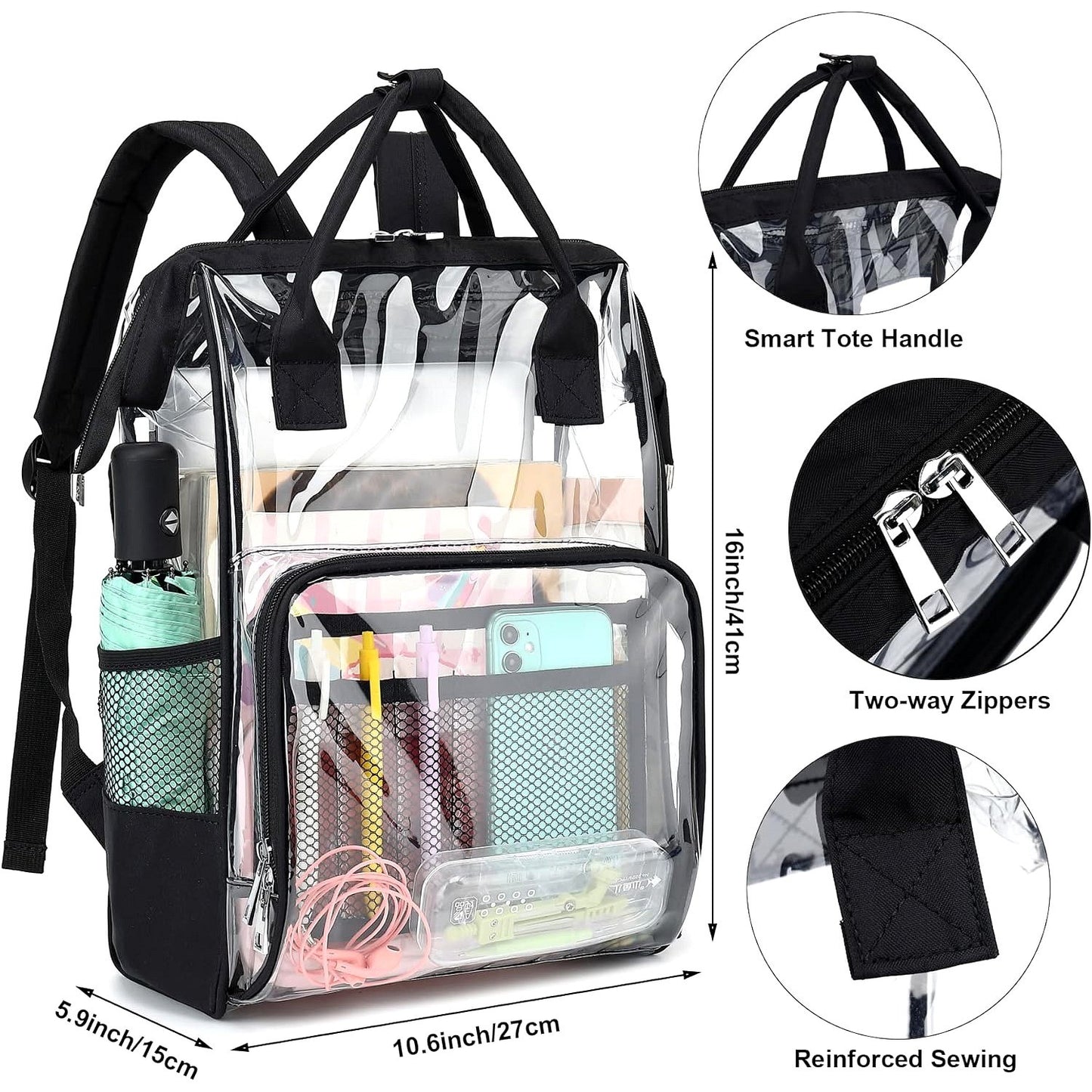Large Clear Transparent Back Pack in Black