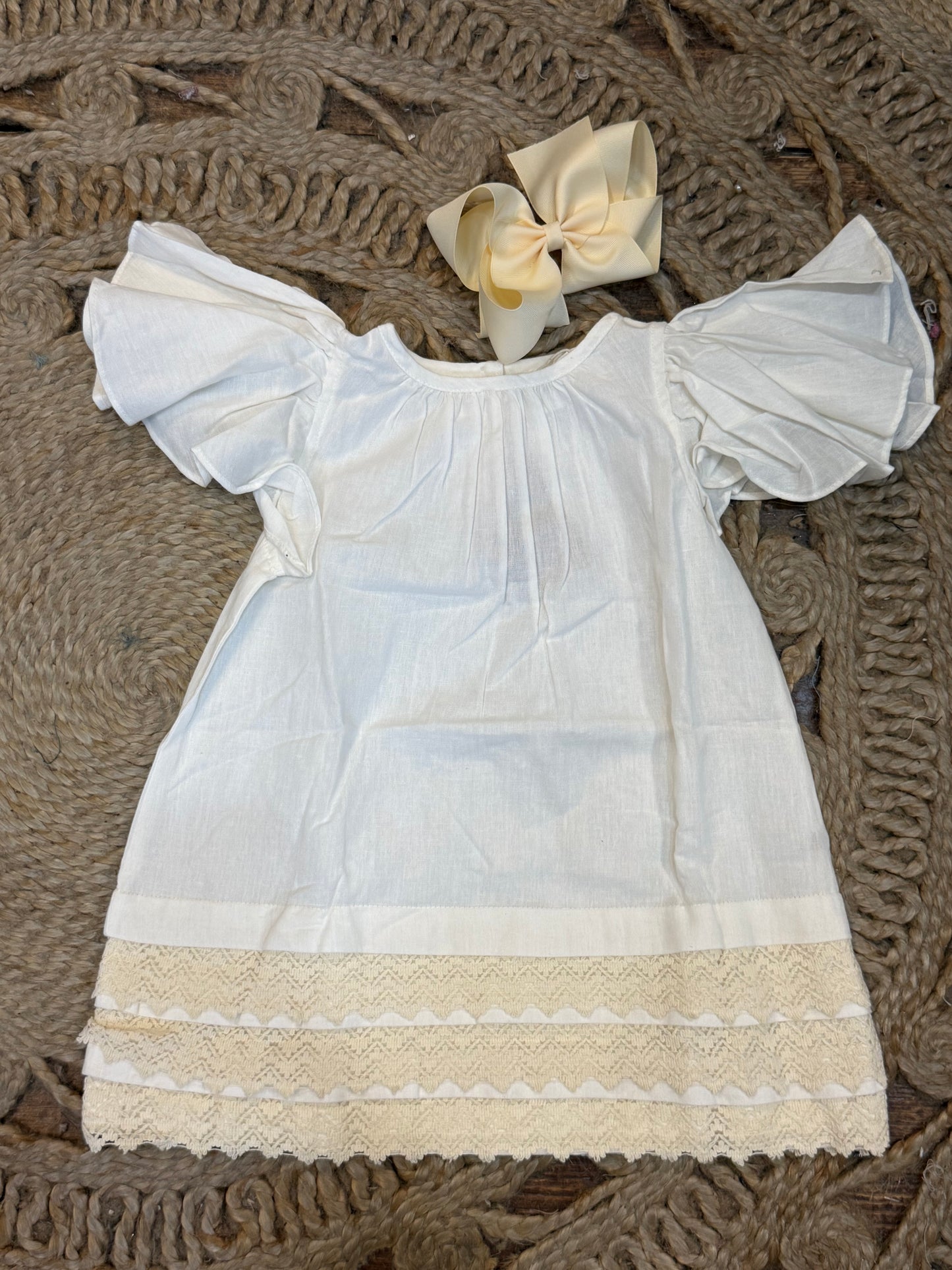 Off-White Sleeve & Neck Gathered Dress