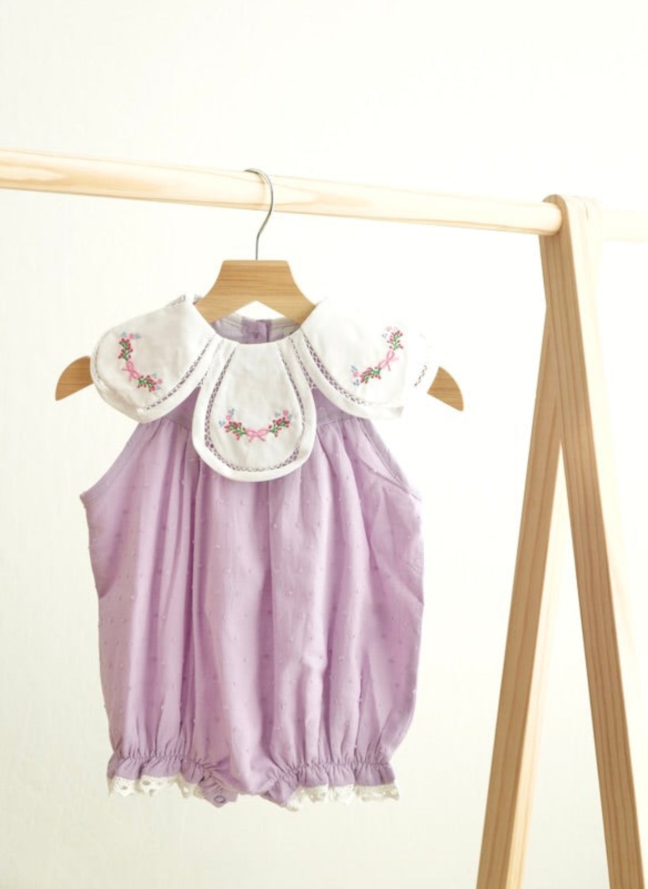 LAVENDER FLORAL BOW EMBROIDERY SWISS DOT GIRL BUBBLE