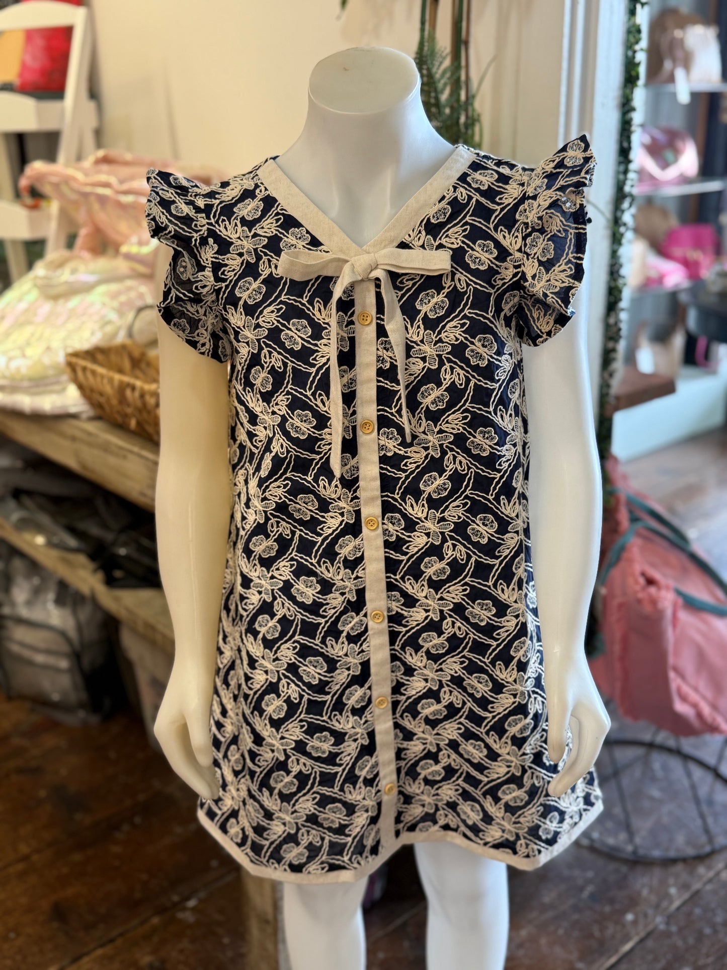 Embroidered Ruffle Sleeve Self Tie Ribbon Dress in Navy