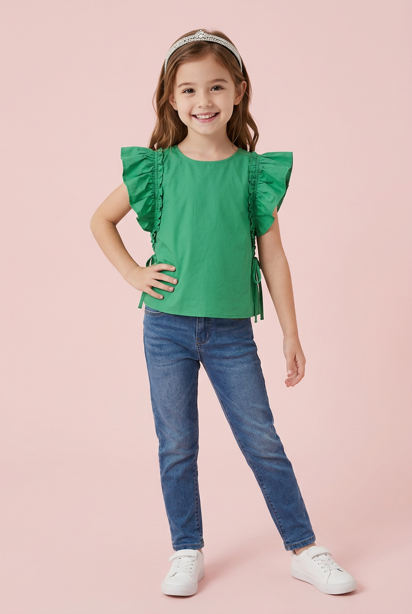 Girls Side Bow Detailed Ruffled Top in Kelly Green