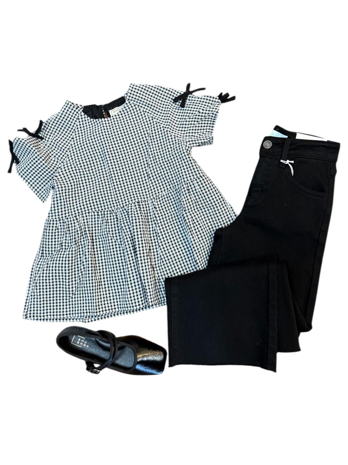 Girls Contrast Ribbon Gingham Babydoll Top