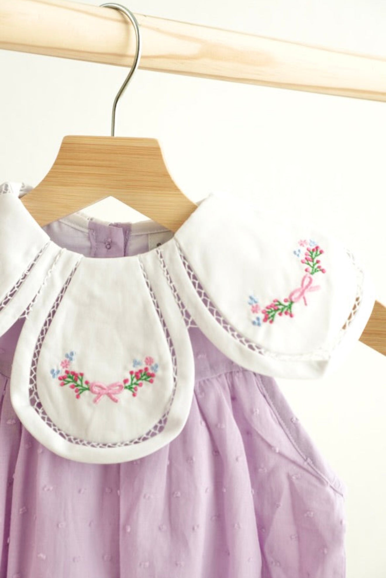 LAVENDER FLORAL BOW EMBROIDERY SWISS DOT GIRL BUBBLE