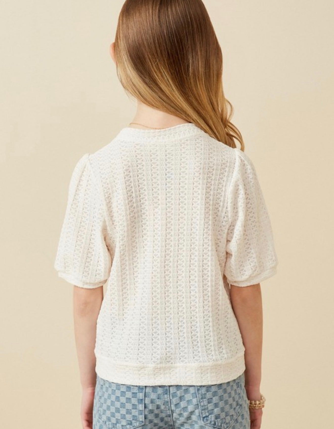 Girls knitted puff sleeve top in Ivory