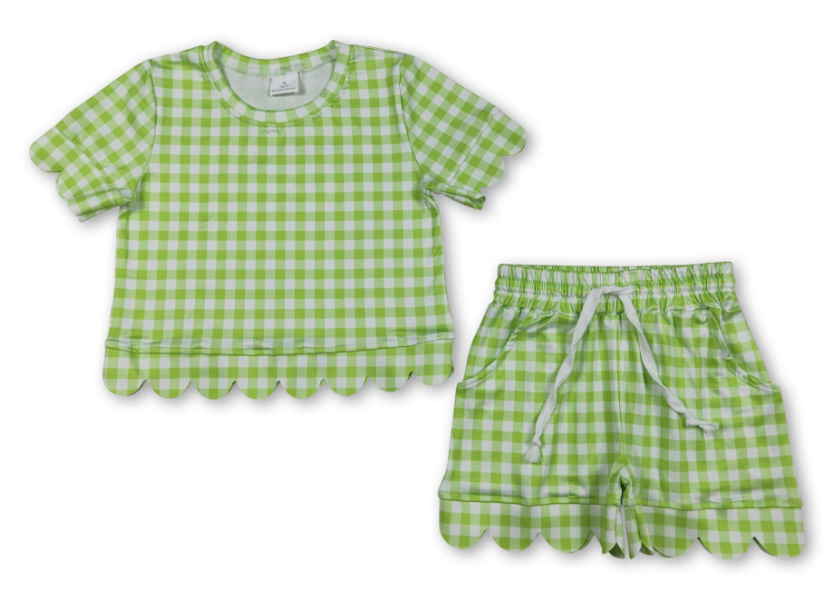 Short Sleeves Plaid Scallop Top Shorts Girls Outfits in sage