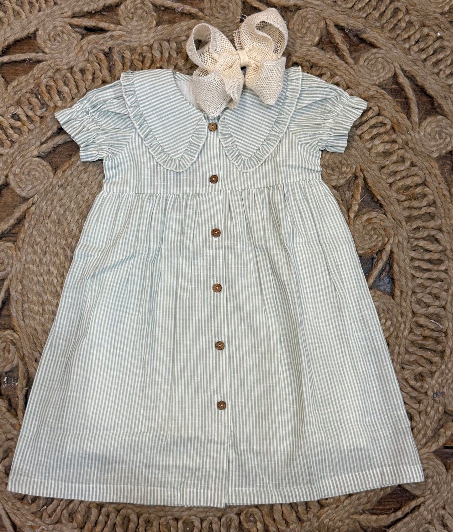 Ecru and Sage Pin Stripe Puff Sleeves Dress