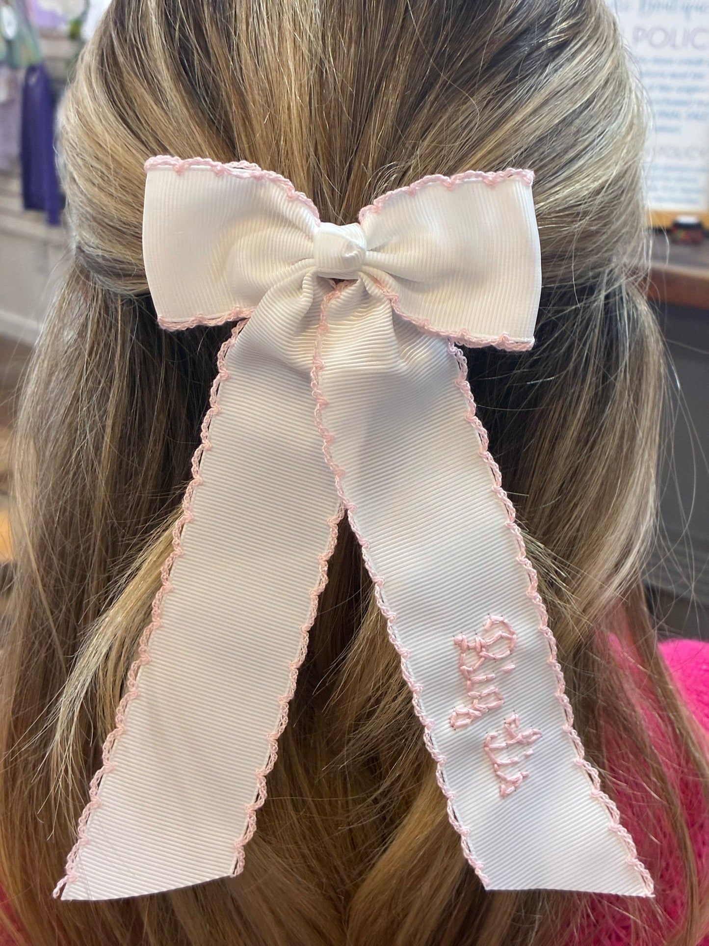 Big Sis Ribbon White with pink stitching