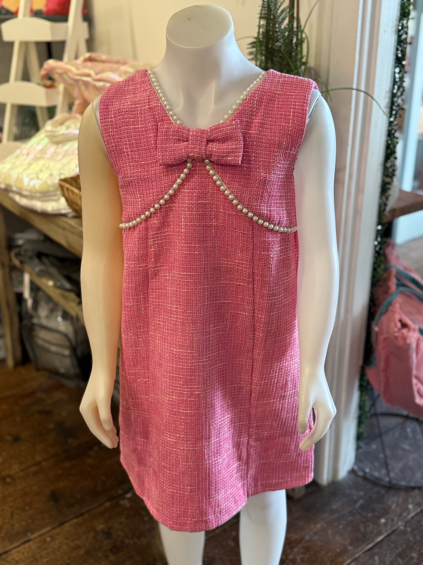 Pearl Detailed Front Bow Tweed Dress in Pink