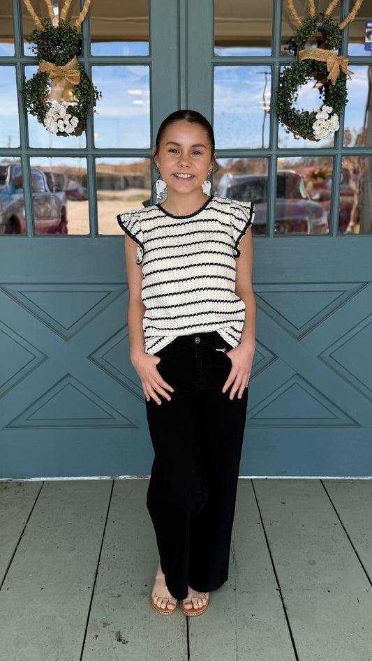 Girls Contrast Piped Textured Stripe Knit Tank