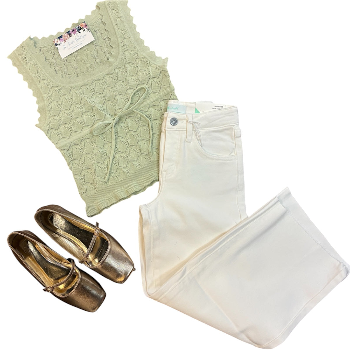 Geo Knit Pattern Scalloped Waist Tie Strap Tank in Sage