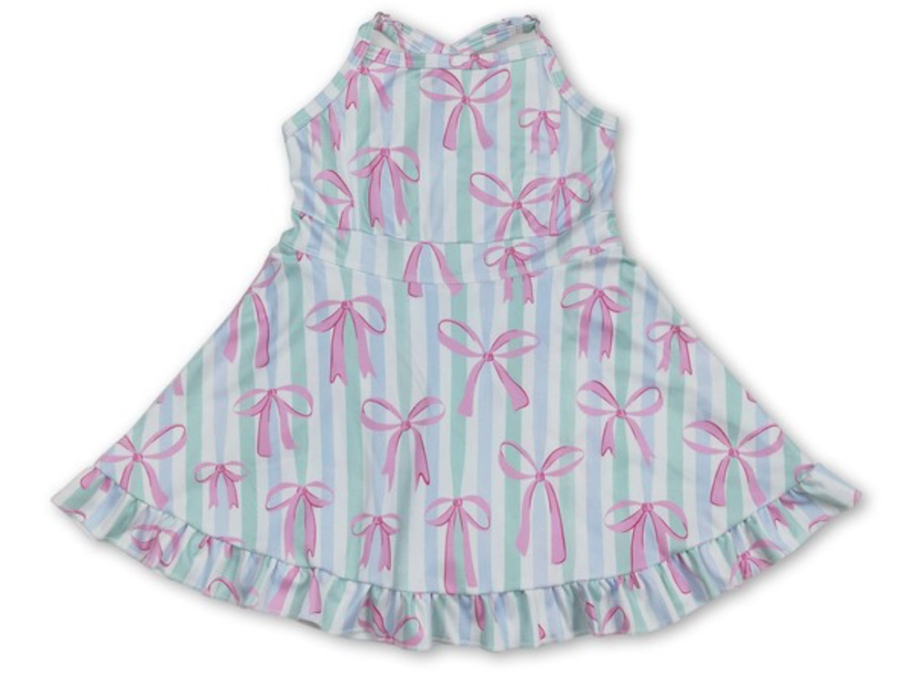 Straps Stripe Bow Ruffle Kids Girls Athletic Dress
