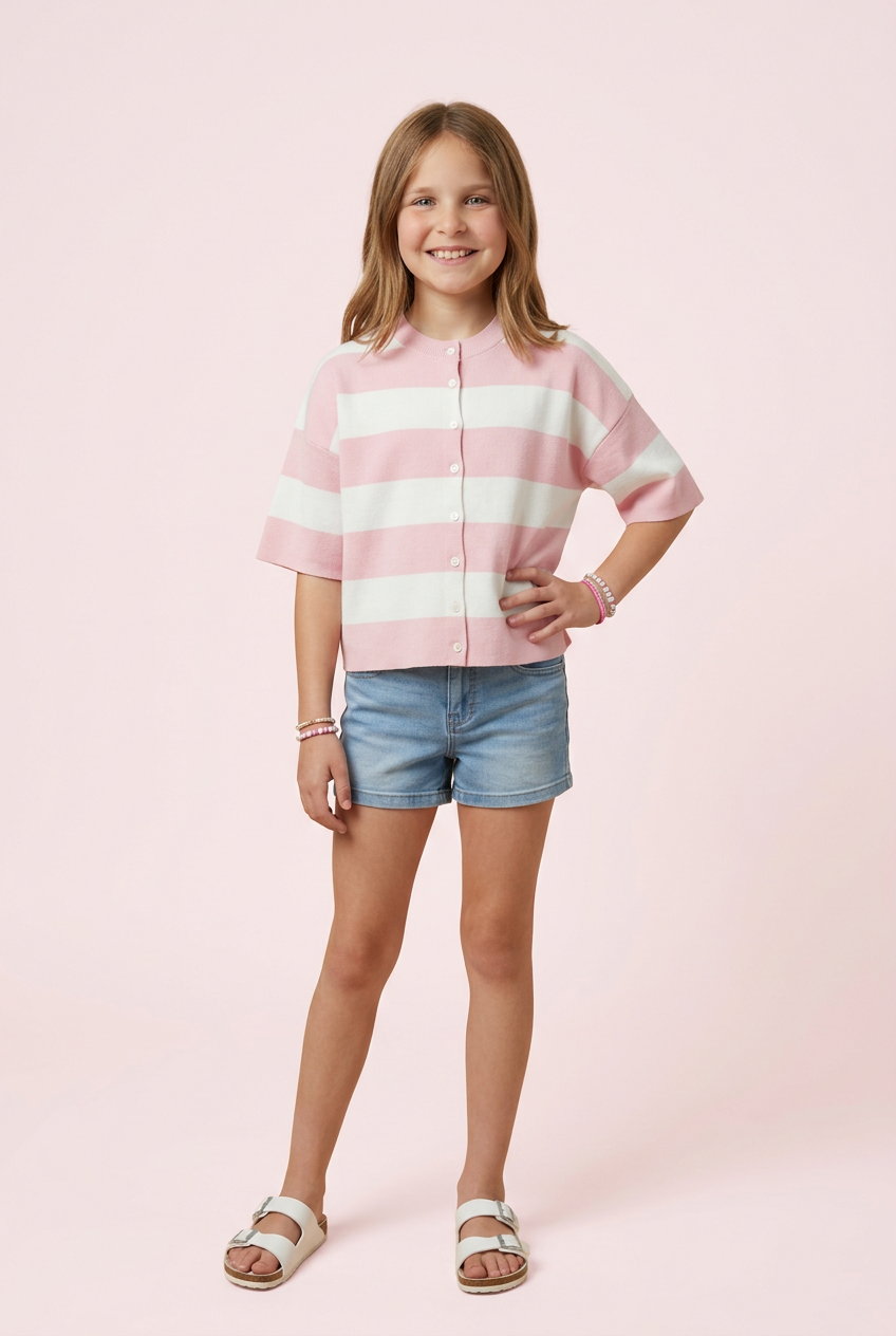Girls Striped Button Down Knitted Top