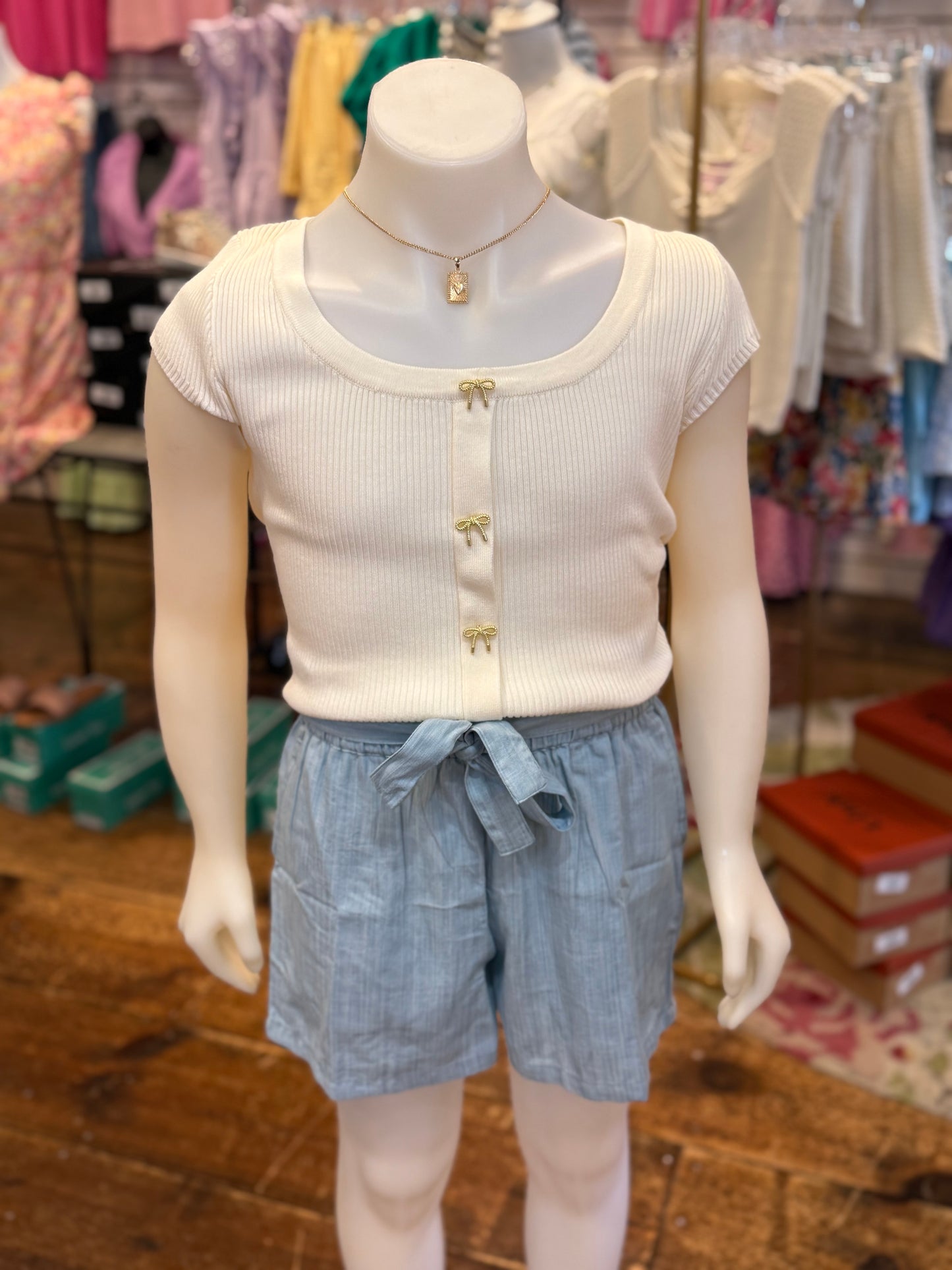 Bow Button Down Sweater Knit Top in Ivory