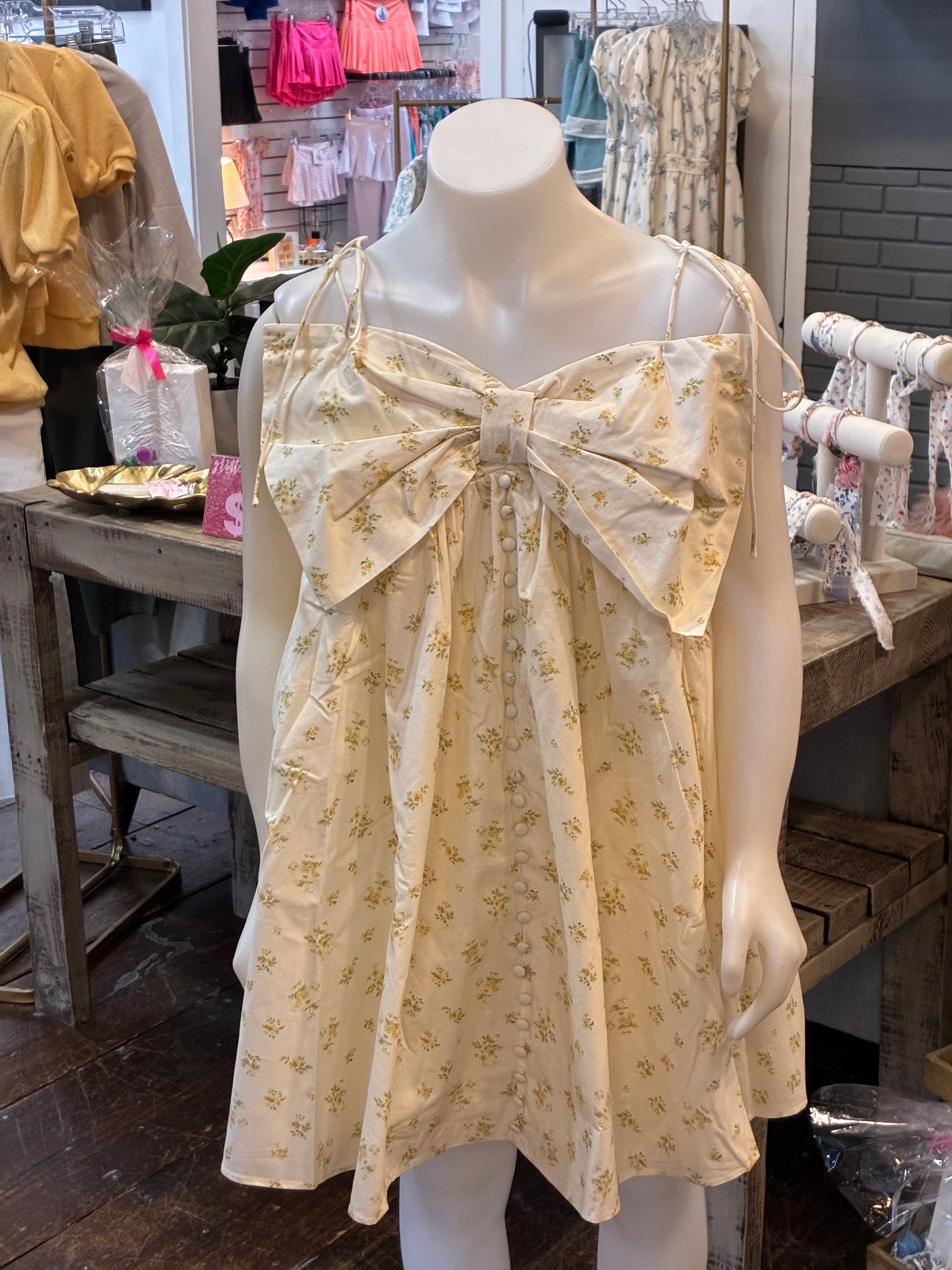 Cream and Yellow Floral Print Bow Button Detail Dress
