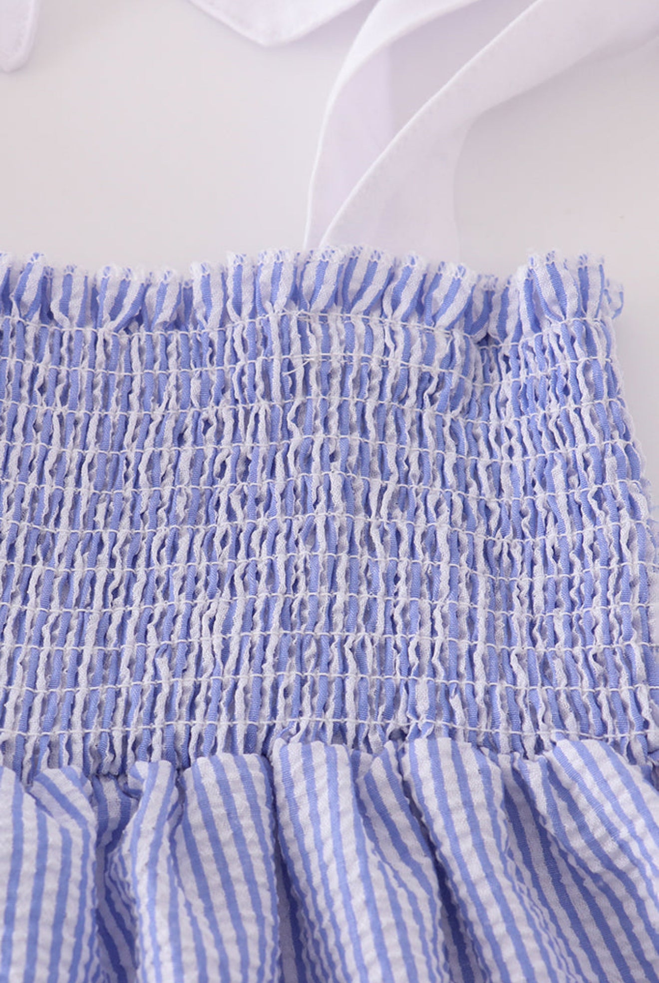 BLUE STRIPE SEERSUCKER SMOCKED DRESS