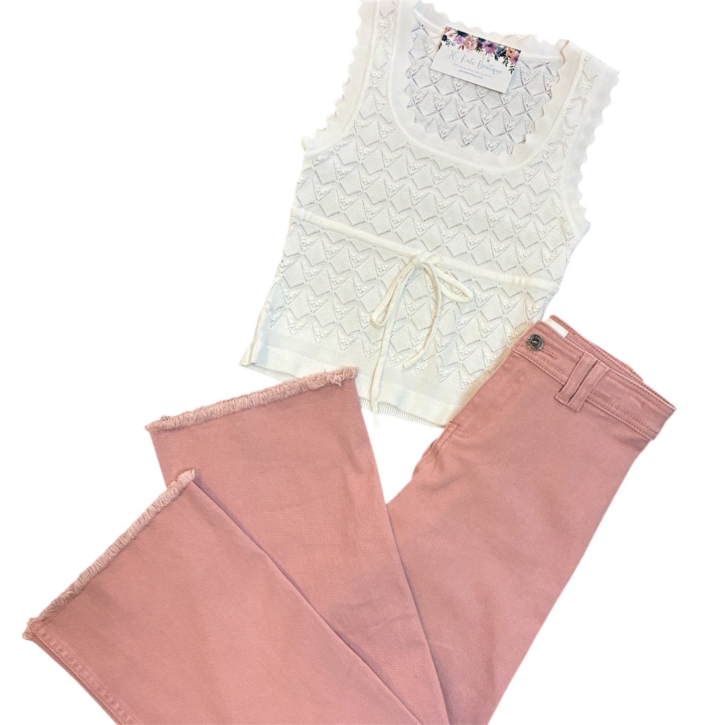Geo Knit Pattern Scalloped Waist Tie Strap Tank in Ivory