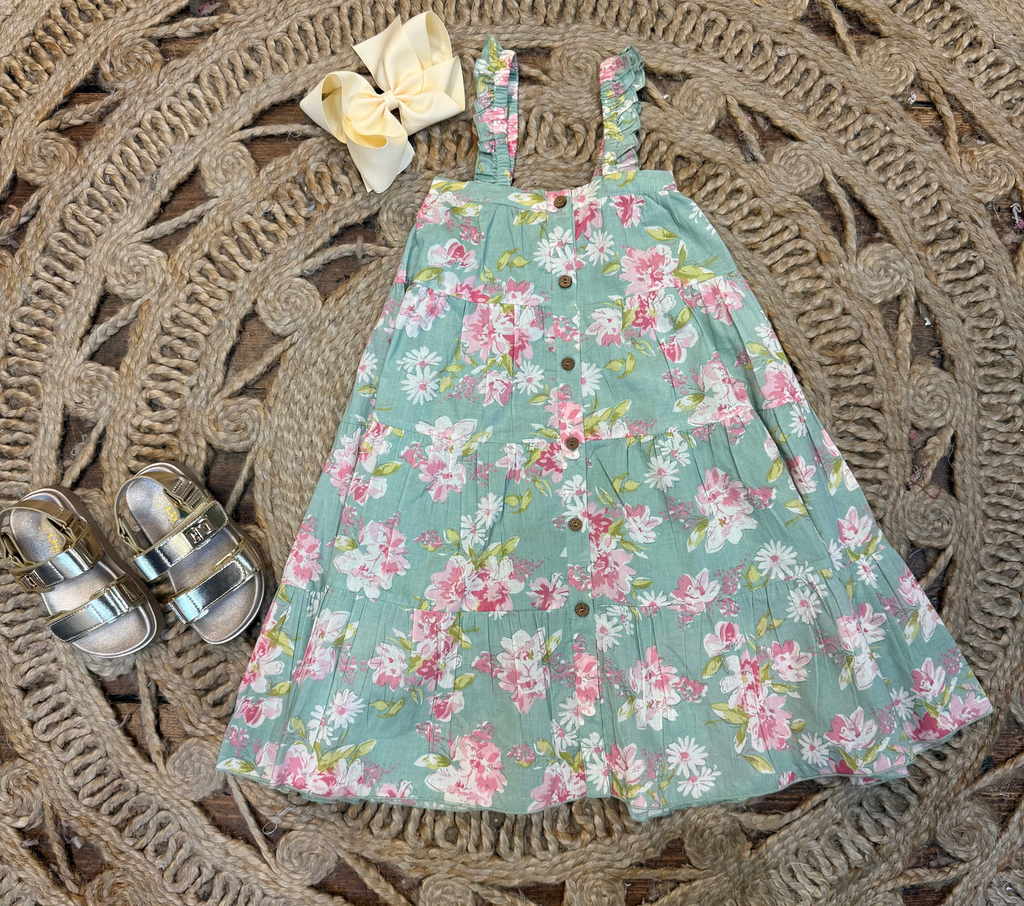Green Floral Printed Tiered Dress.