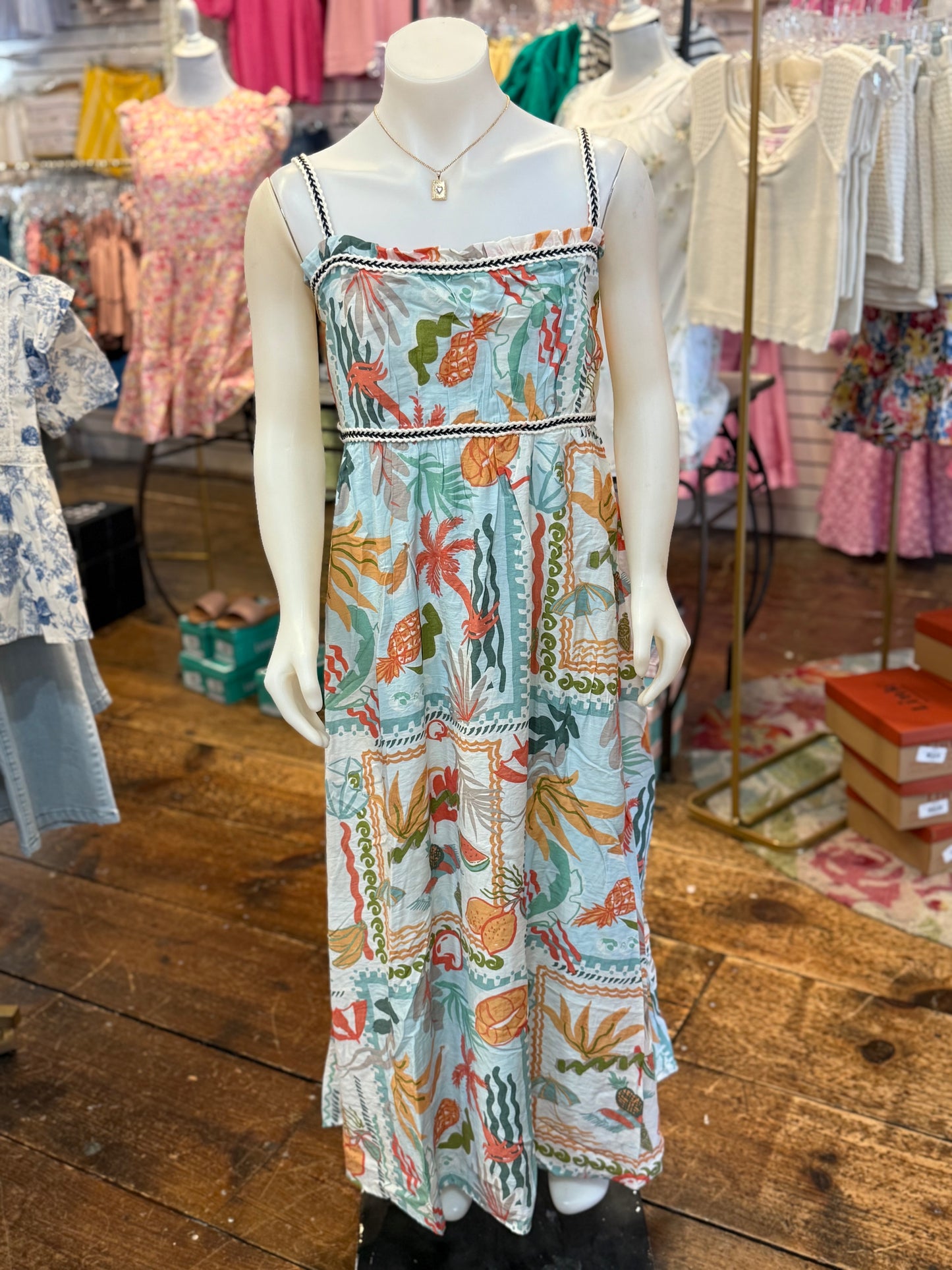 Tropical Print Braid Trim Sleeveless Midi Dress