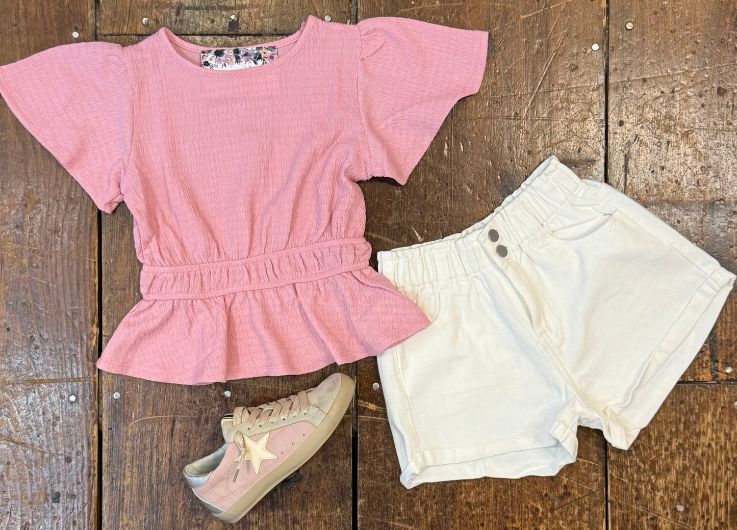 Round Neck Flutter Slv Peplum Top W/juliette Waist in pink