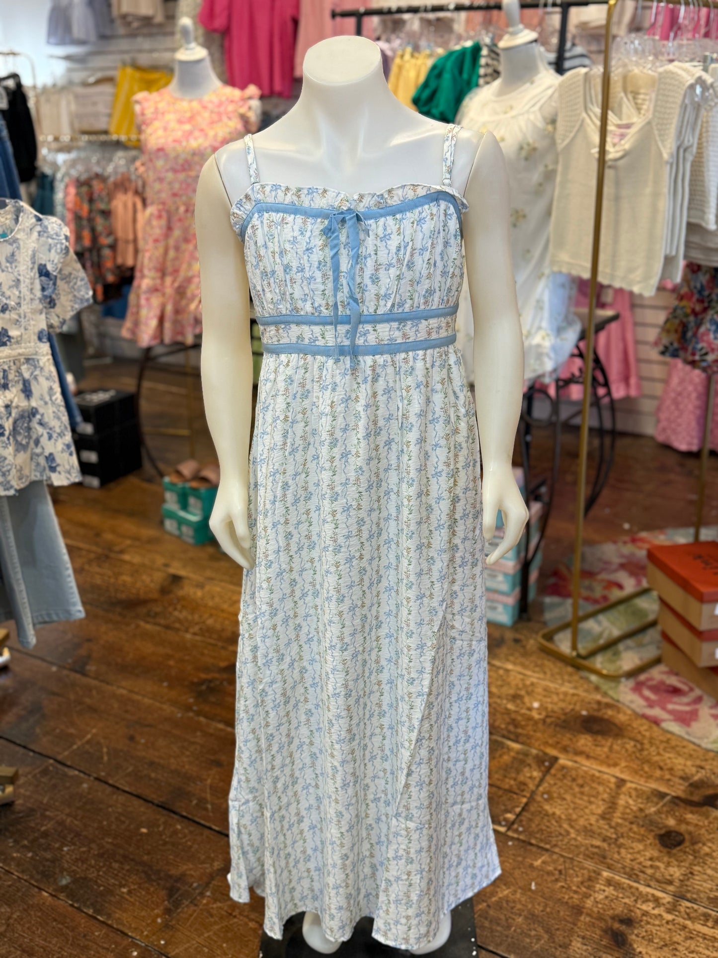 Floral Bow Pattern Spaghetti Strap Dress in Blue