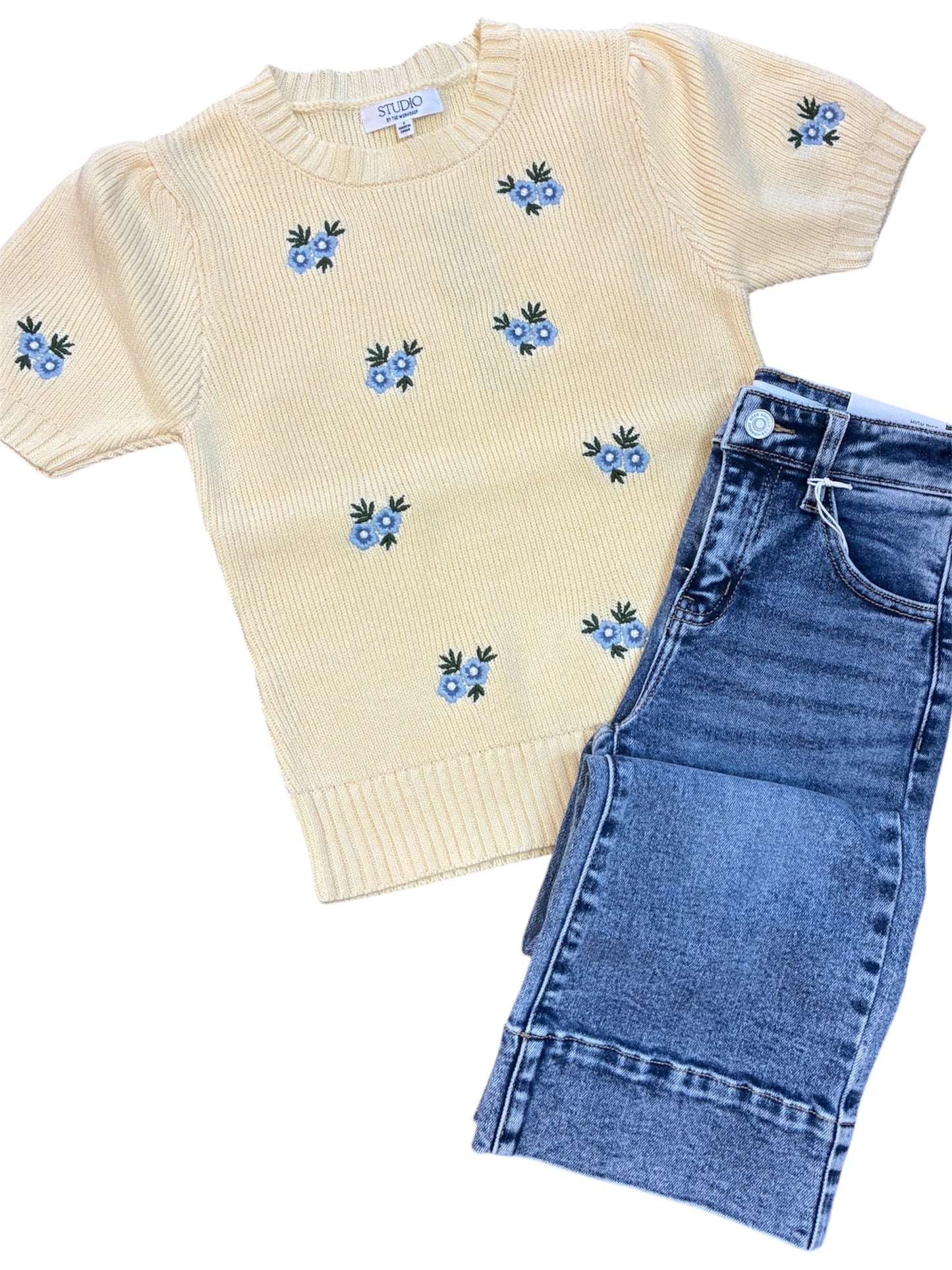 Butter yellow floral sweater top