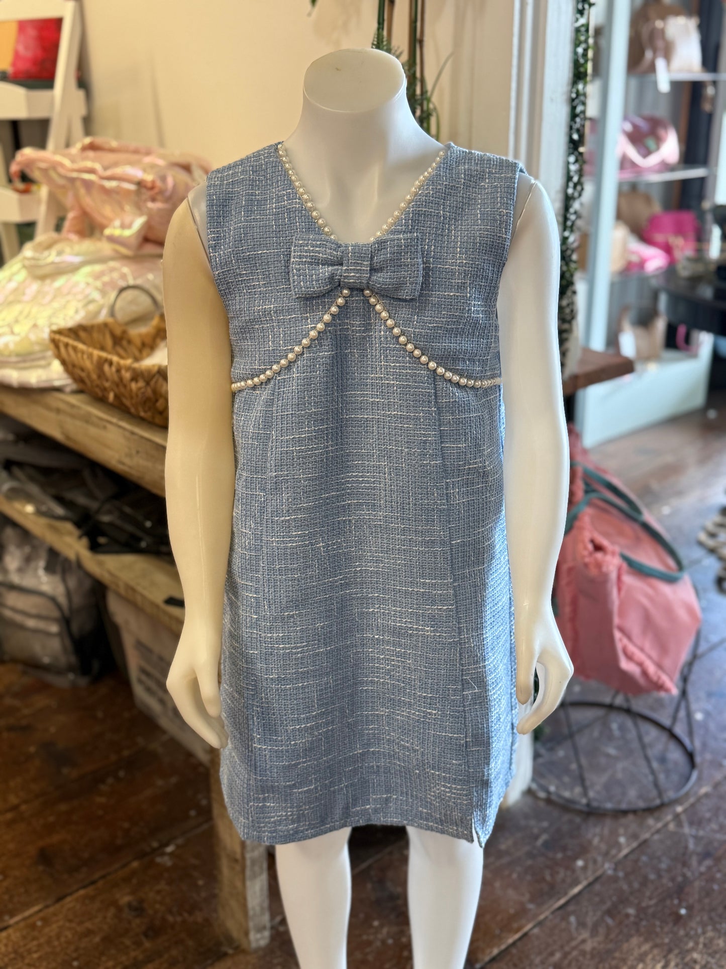 Pearl Detailed Front Bow Tweed Dress in Blue