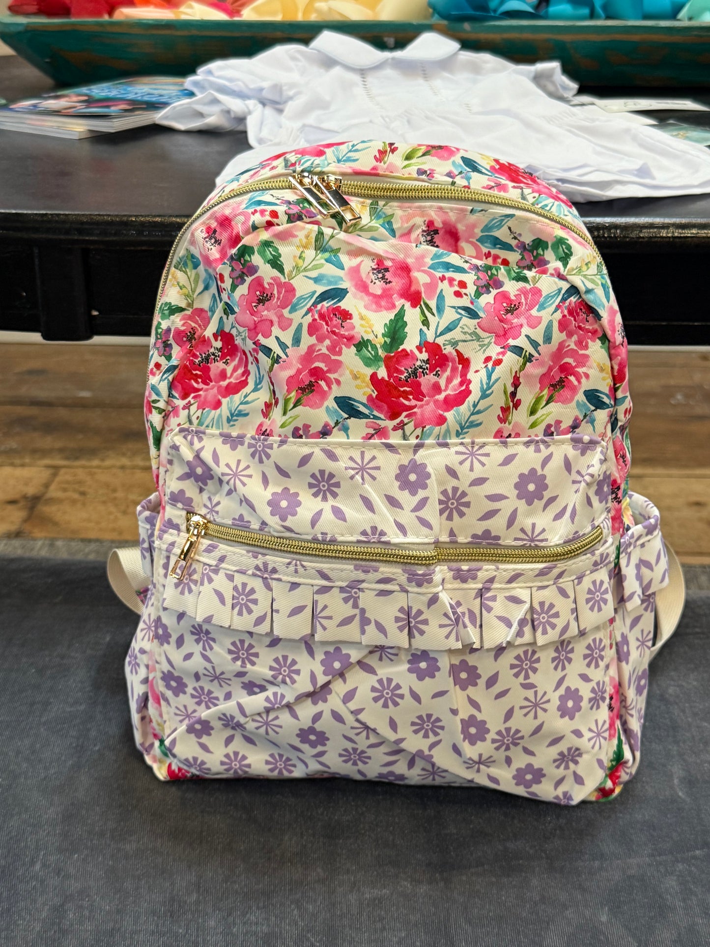 Pink Floral Ruffle Girls Backpack