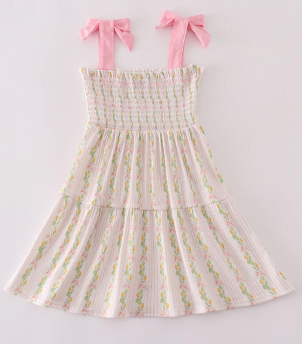 PINK LEMON PRINT BOW SMOCKED TIERED DRESS
