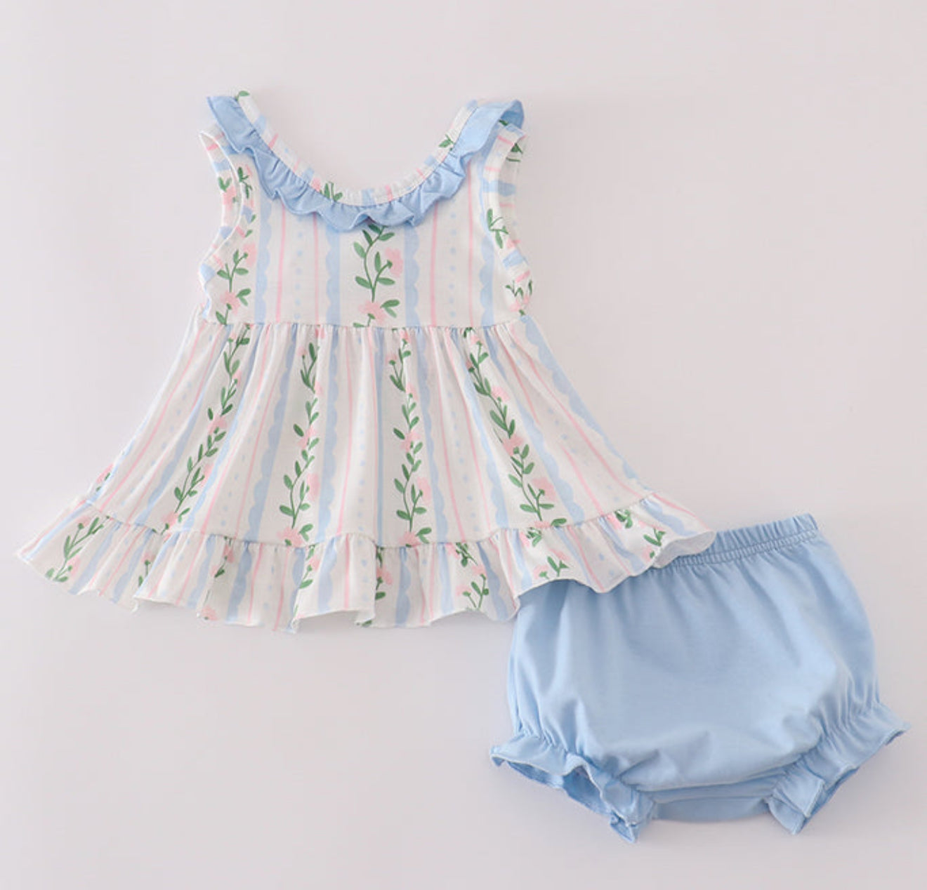BLUE FLORAL PRINT RUFFLE BLOOMER SET