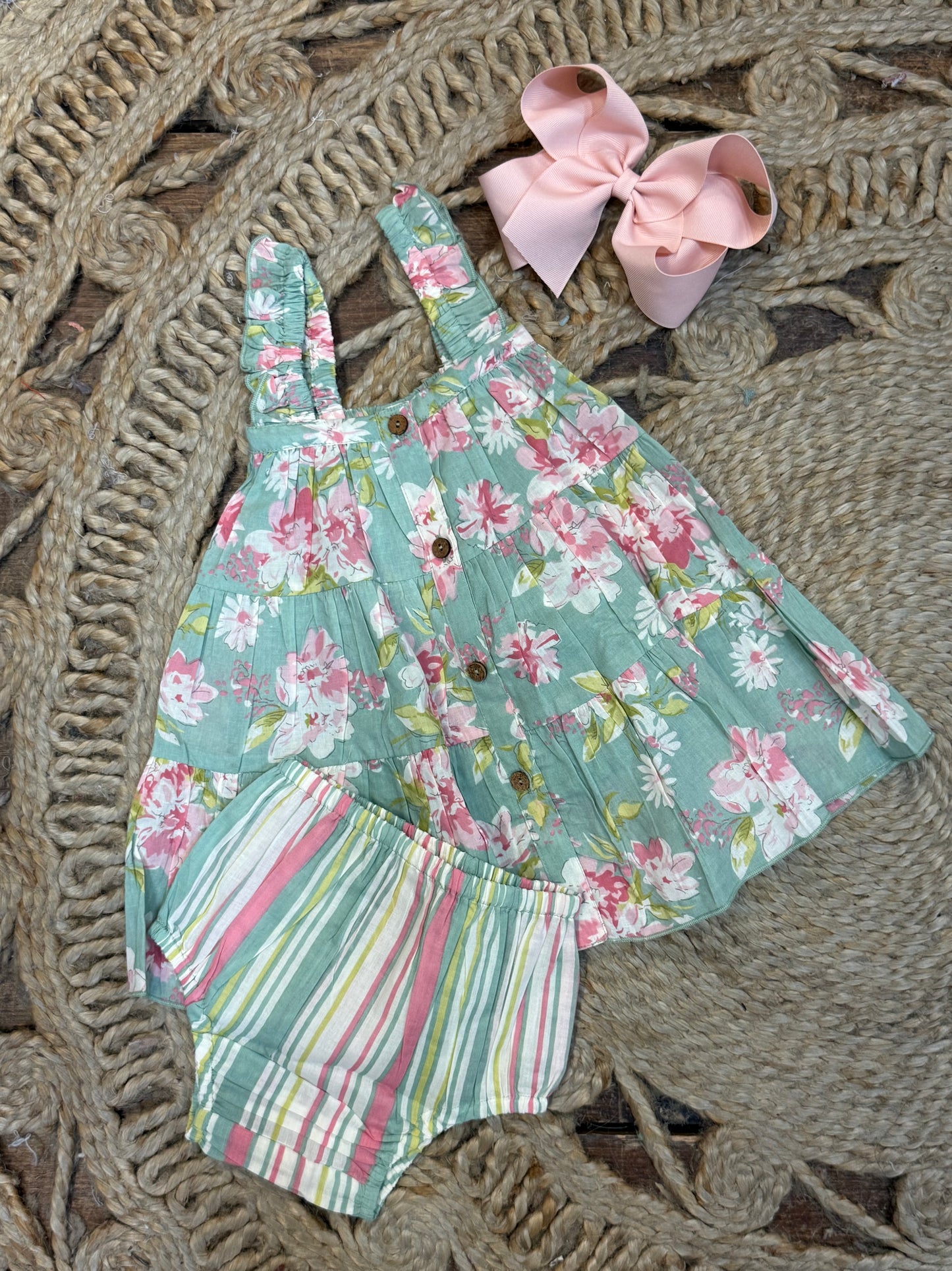 Green Floral Printed Tiered Dress.