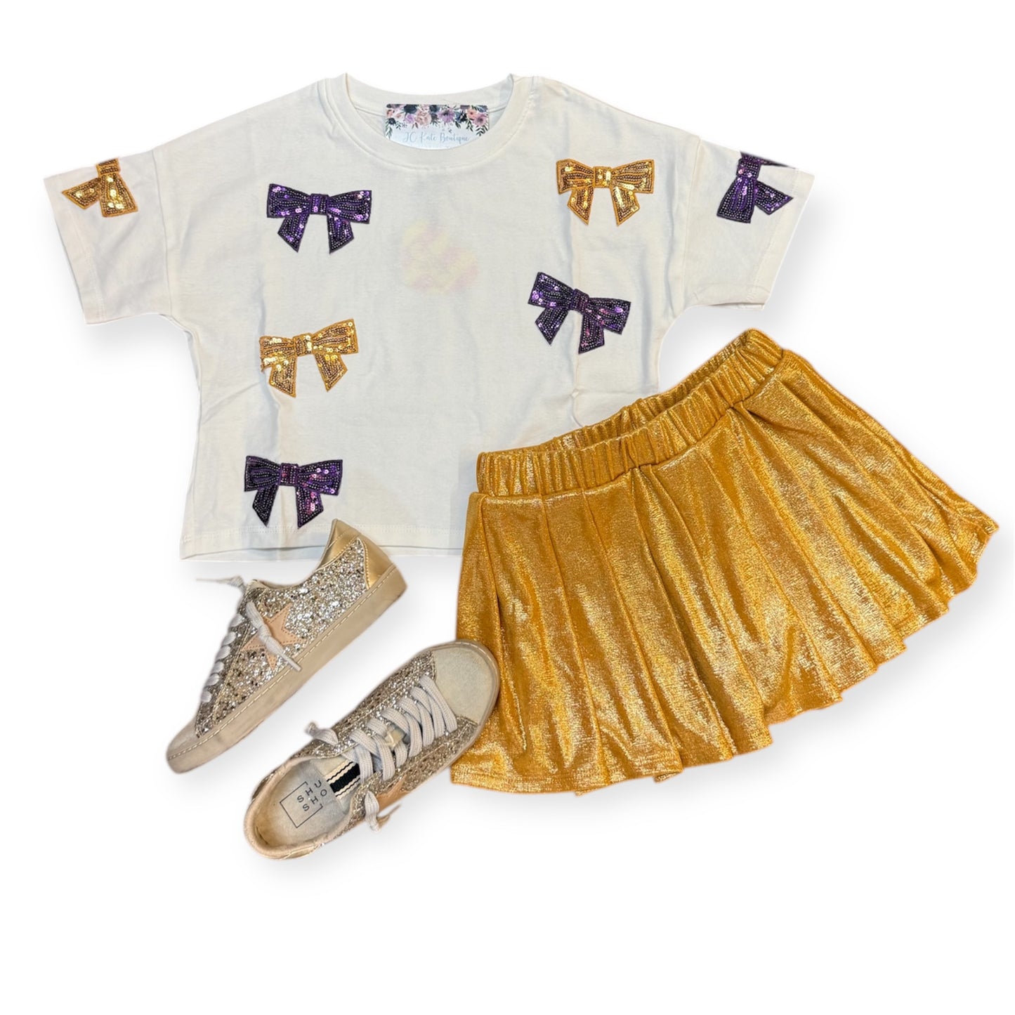 Girls Gameday Team Color Sequin Bow T Shirt in Purple/Gold