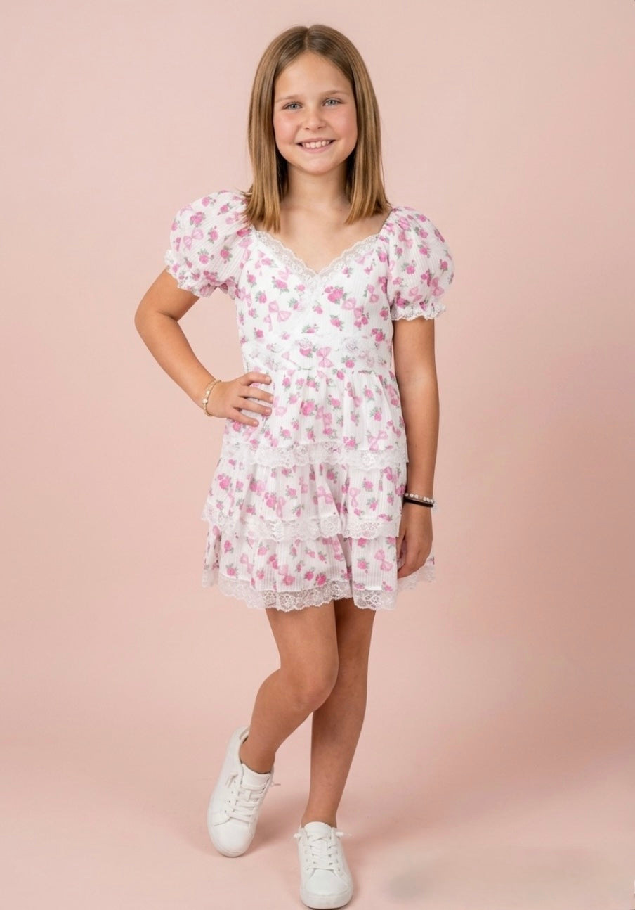 White and Pink Floral/Bow Dress with Lace Detail