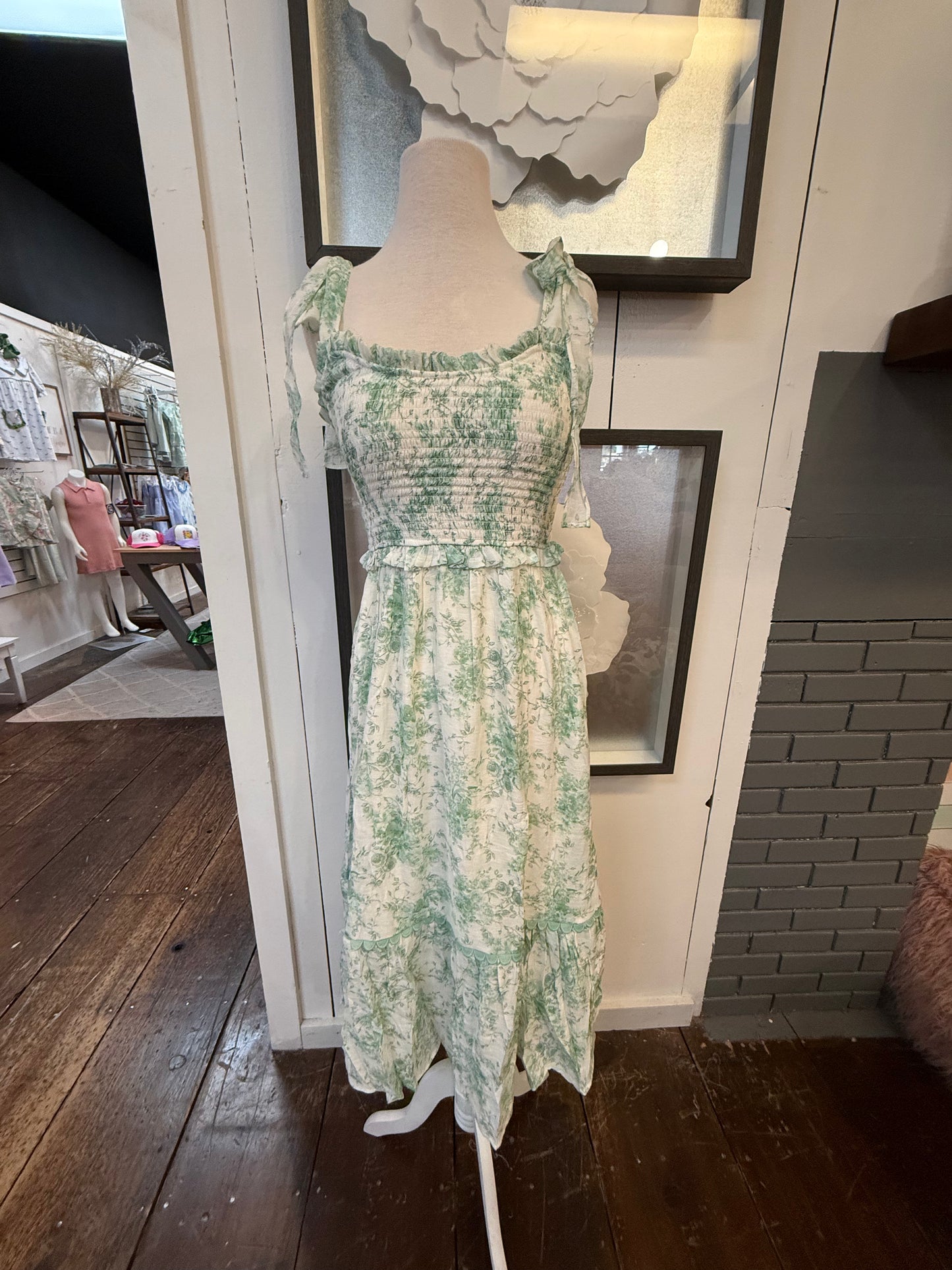 Floral Smocked Tie Tiered Midi Dress in Dusty Mint