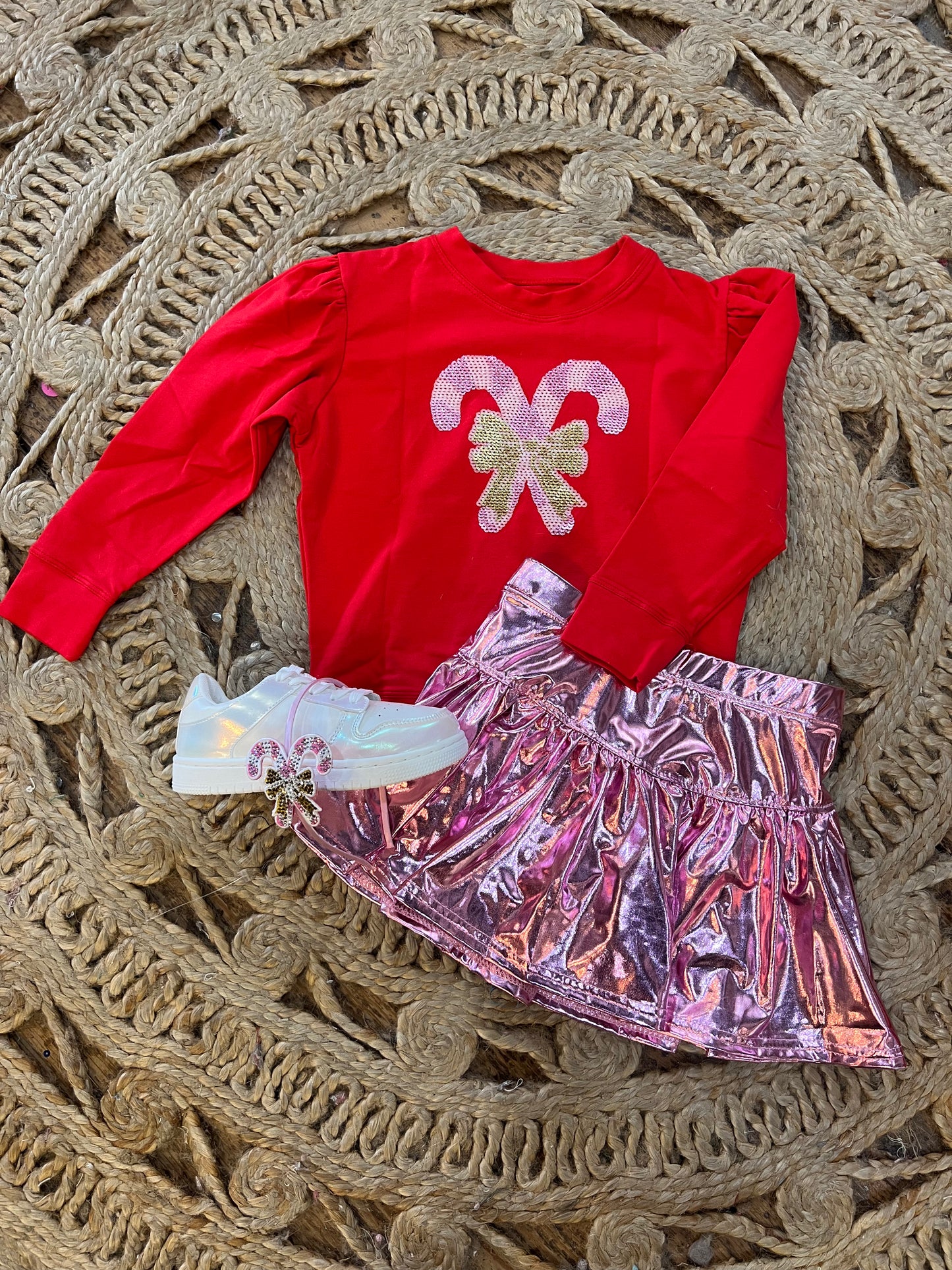 CHRISTMAS HOLLY SEQUIN PINK CANDY CANES SWEATSHIRT IN RED