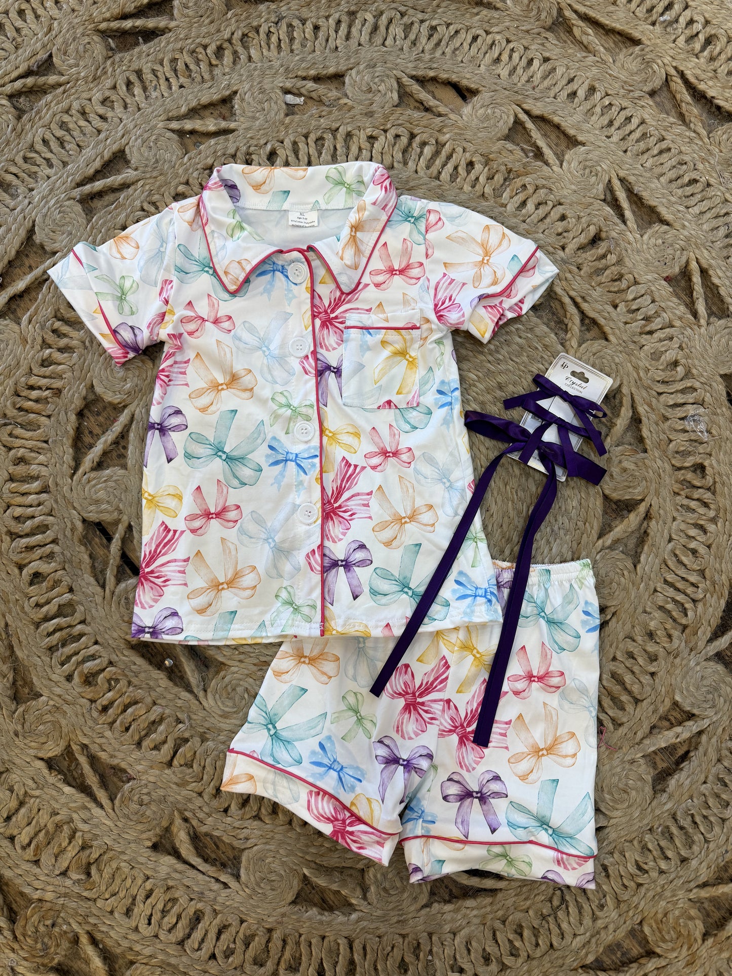 Short sleeves colorful bow baby girls pajamas