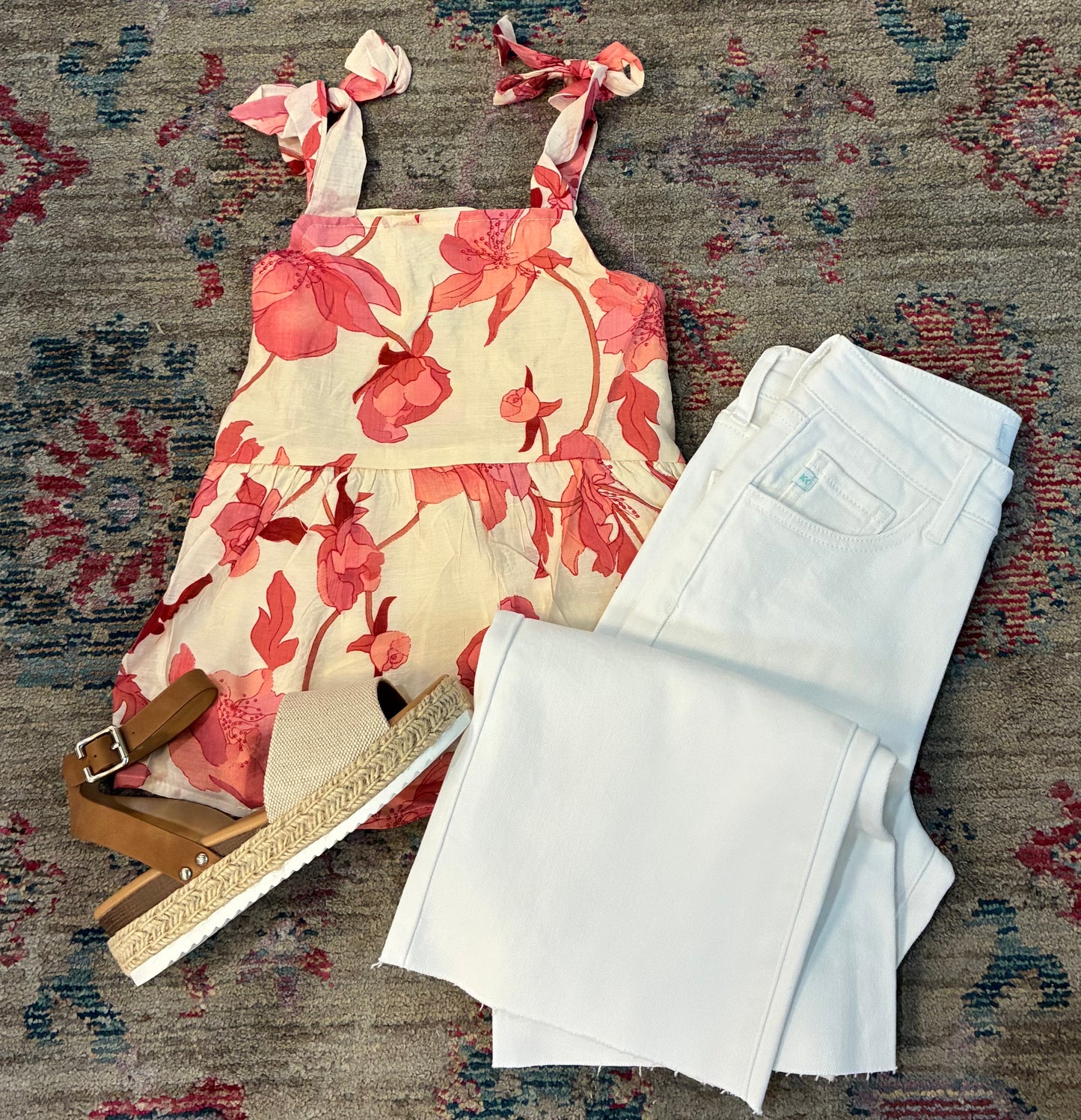 Girls Textured Floral Tie Shoulder Hankerchief Top