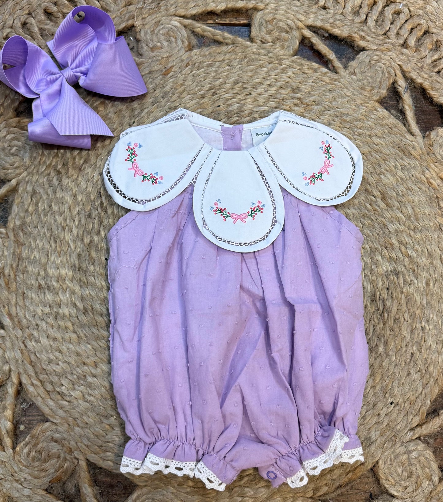 LAVENDER FLORAL BOW EMBROIDERY SWISS DOT GIRL BUBBLE