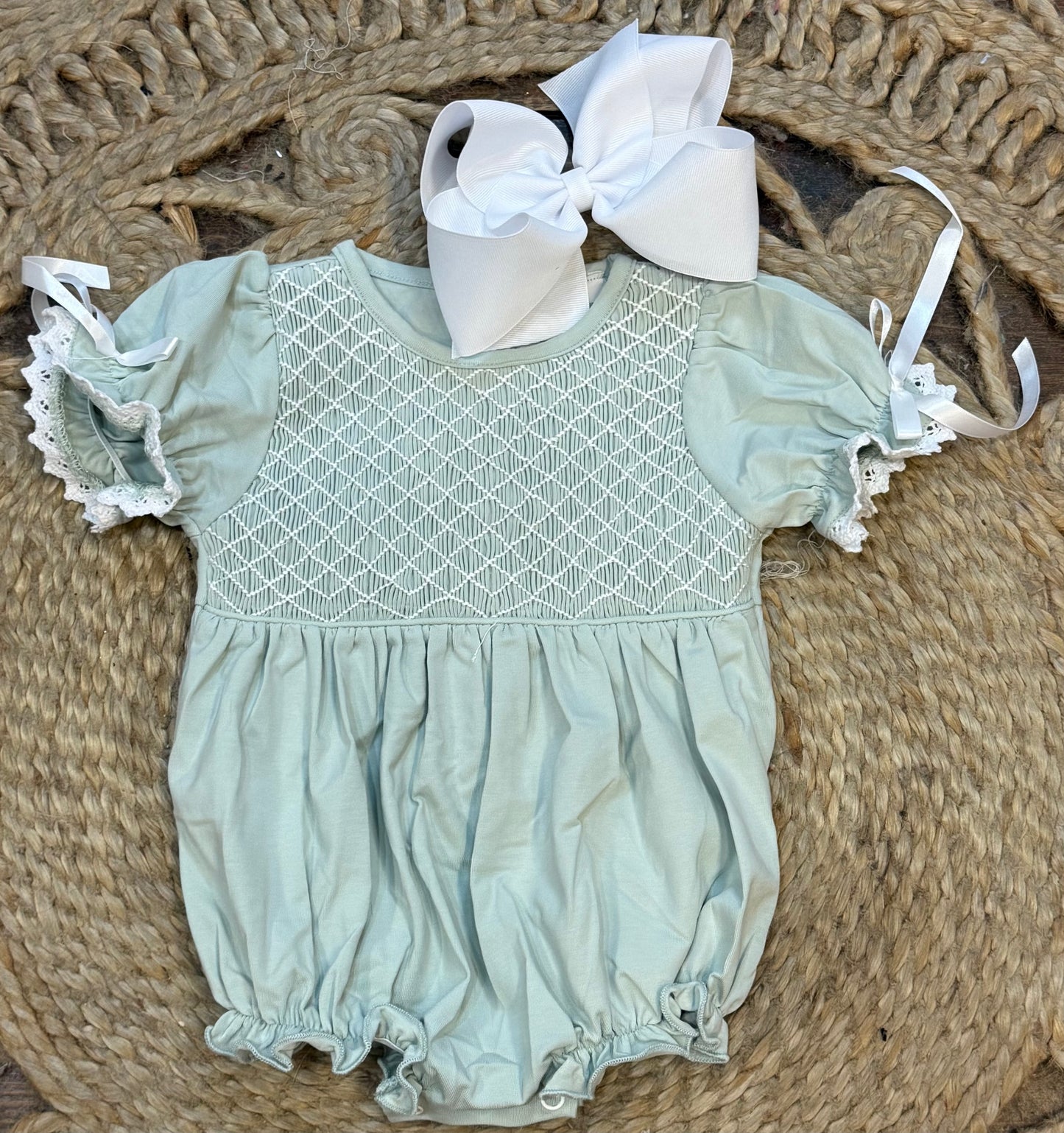 SAGE HAND-SMOCKED LACE GIRL BUBBLE