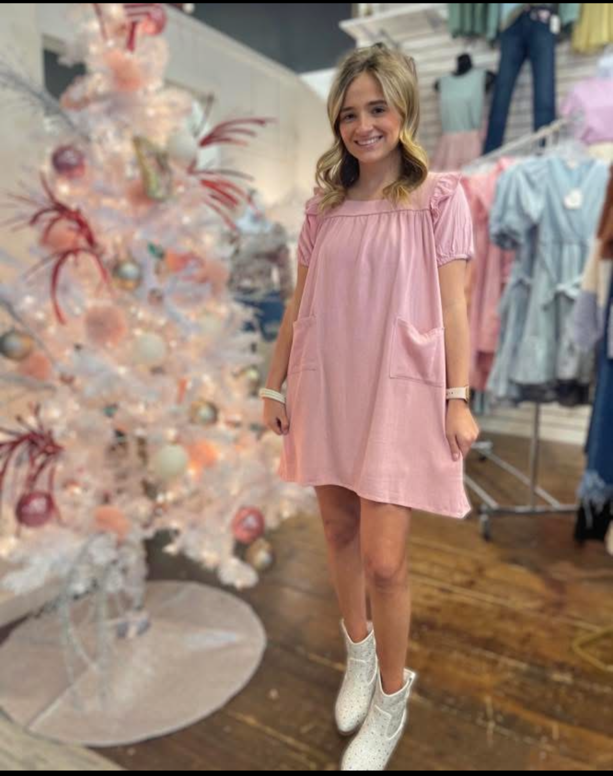 Girls Patch Pocket Square Neck Ruffled Dress