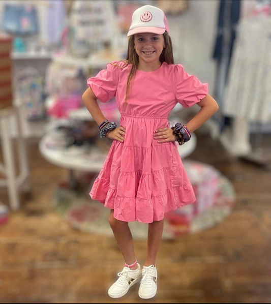 Girls Bow Back Puff Sleeve Poplin Dress in Pink