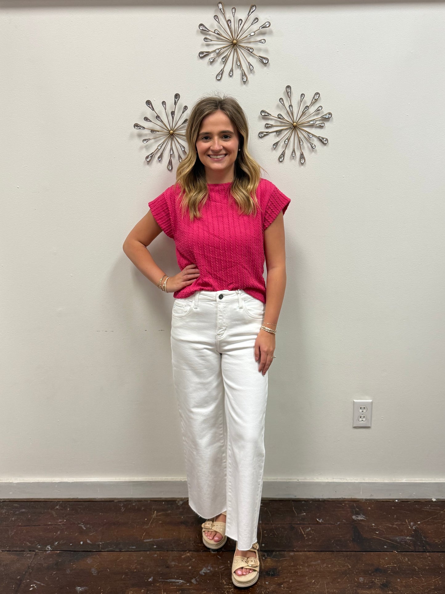 Embossed Ribbed Knit Cap Sleeve Top in Hot Pink