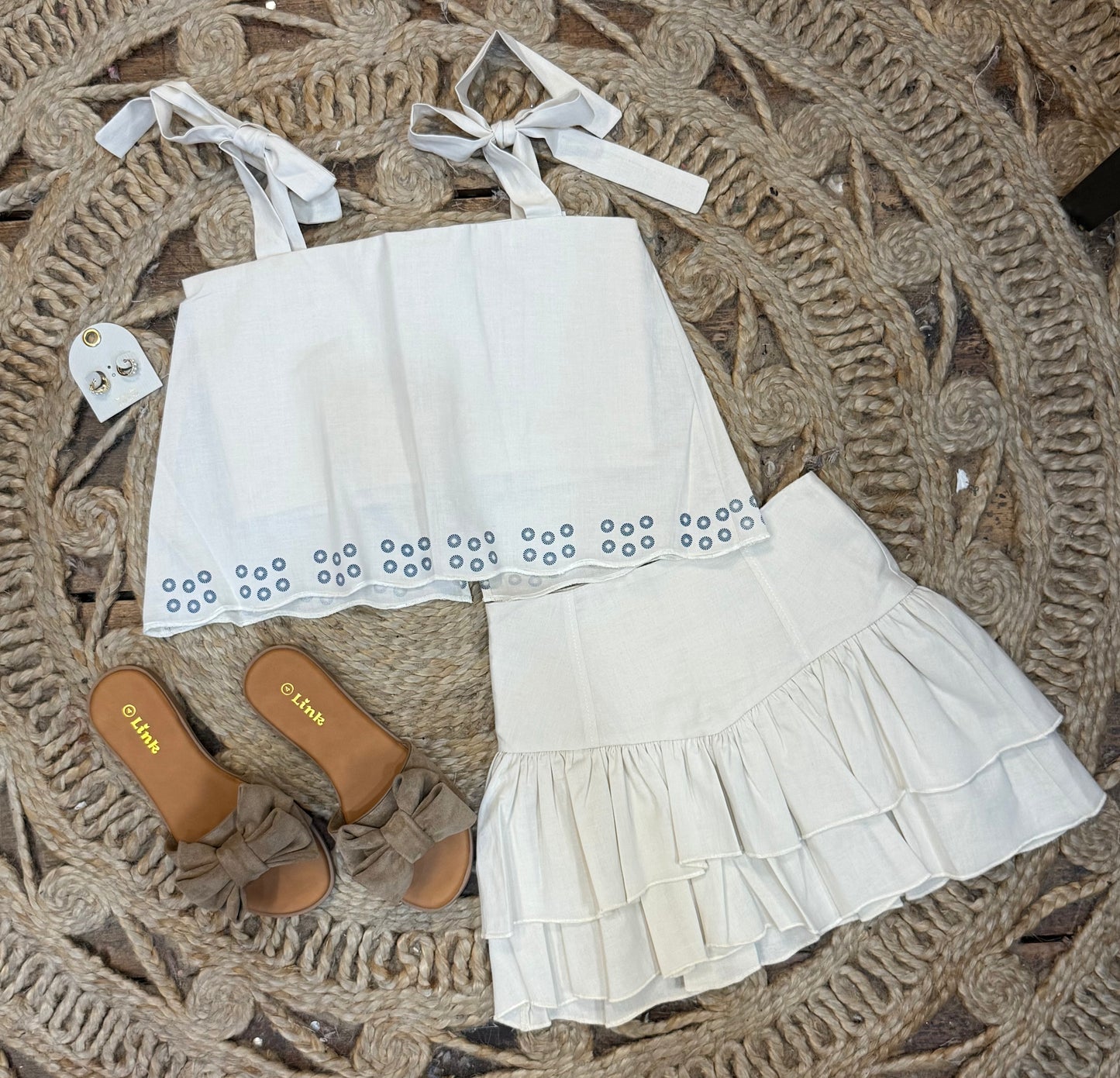 Beige Blue Circle Print Top