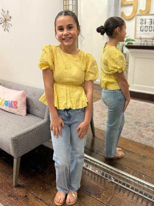 Girls Crochet Floral Eyelet Bubble Peplum Top in yellow