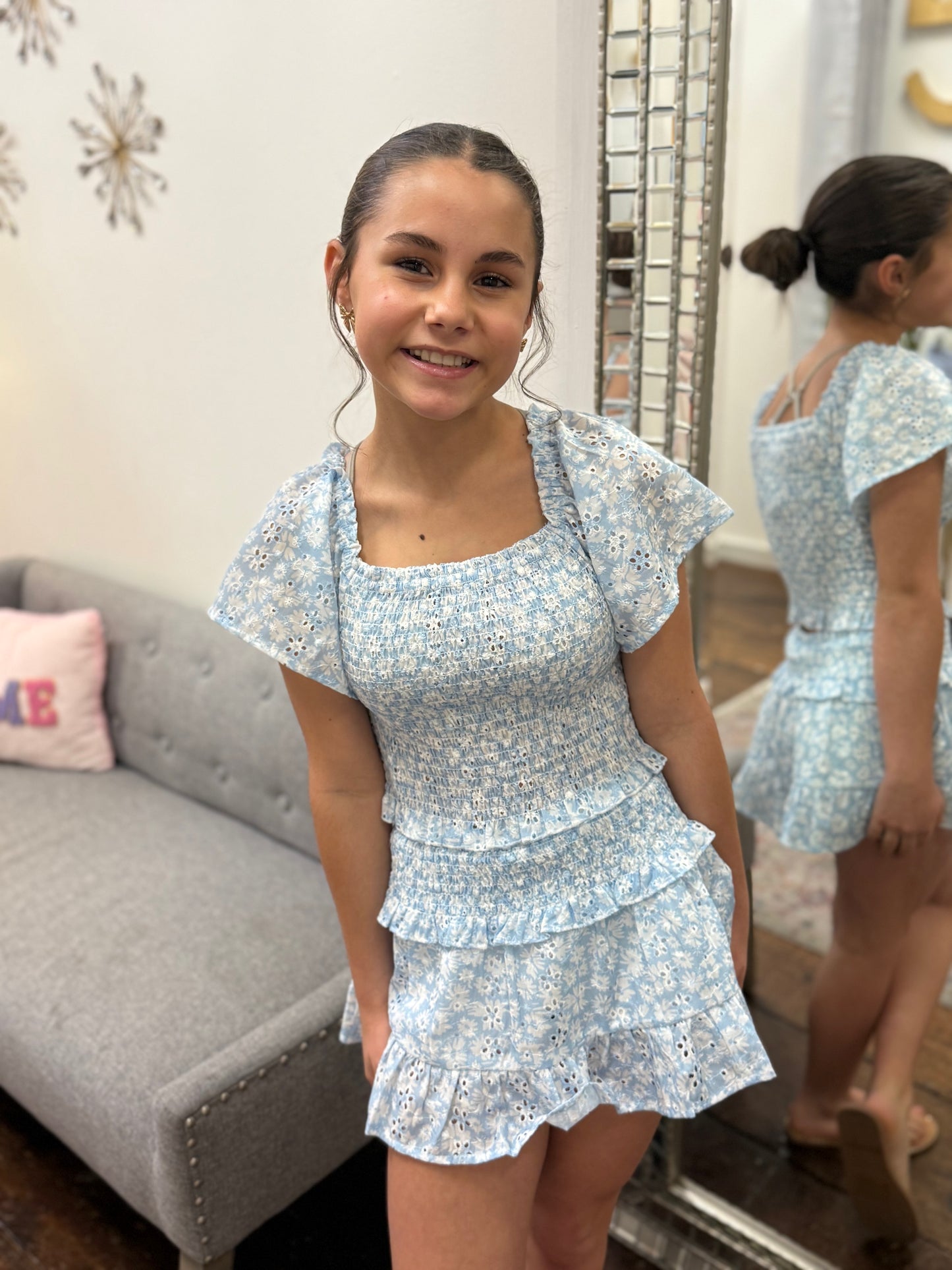 Light Blue Floral Puff Sleeve Top